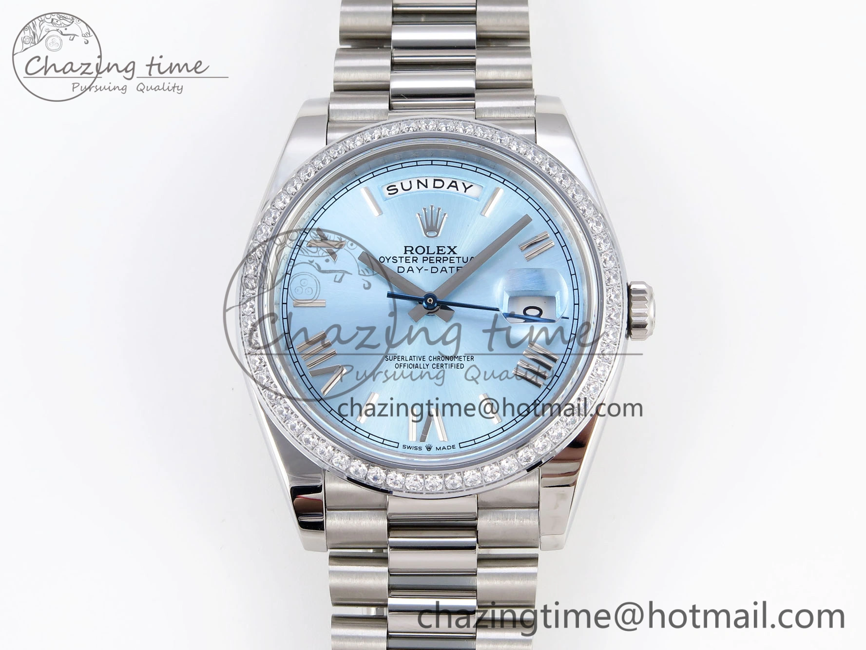 DayDate 40 SS GSF Gain Weight Ice Blue Roman Dial Diamonds Bezel on President Bracelet A2836