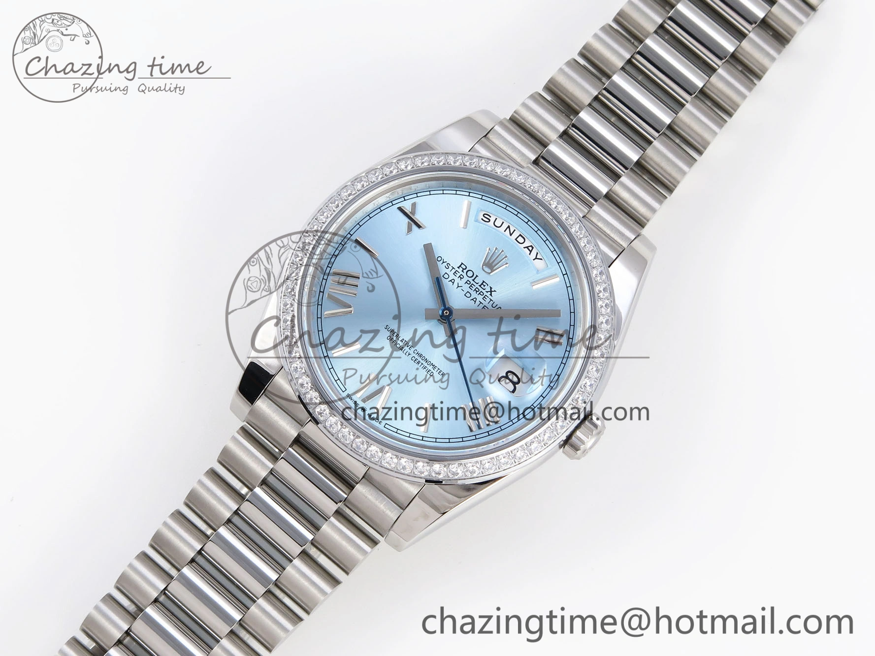DayDate 40 SS GSF Gain Weight Ice Blue Roman Dial Diamonds Bezel on President Bracelet A2836