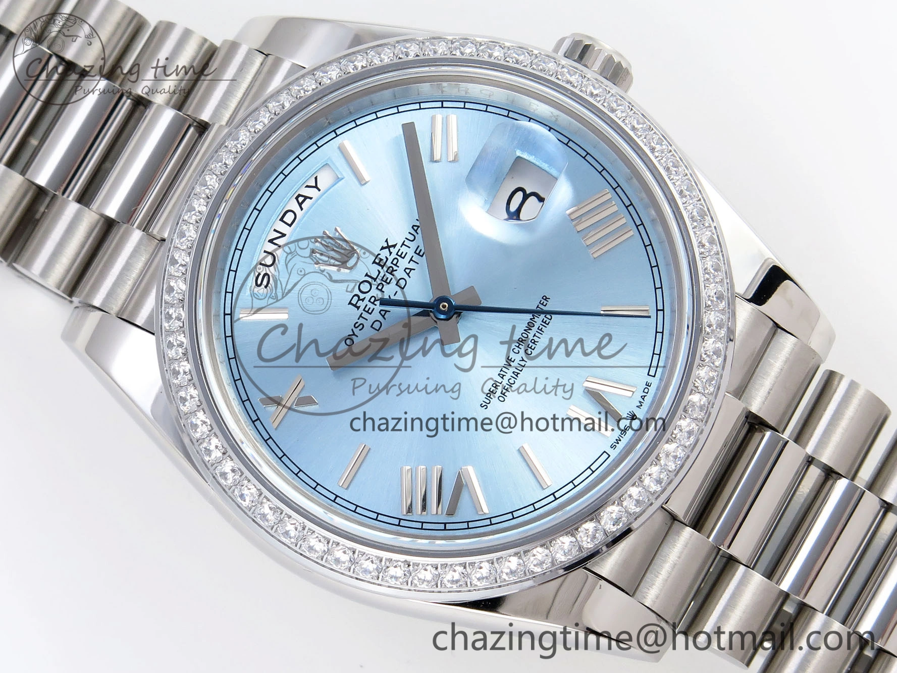 DayDate 40 SS GSF Gain Weight Ice Blue Roman Dial Diamonds Bezel on President Bracelet A2836