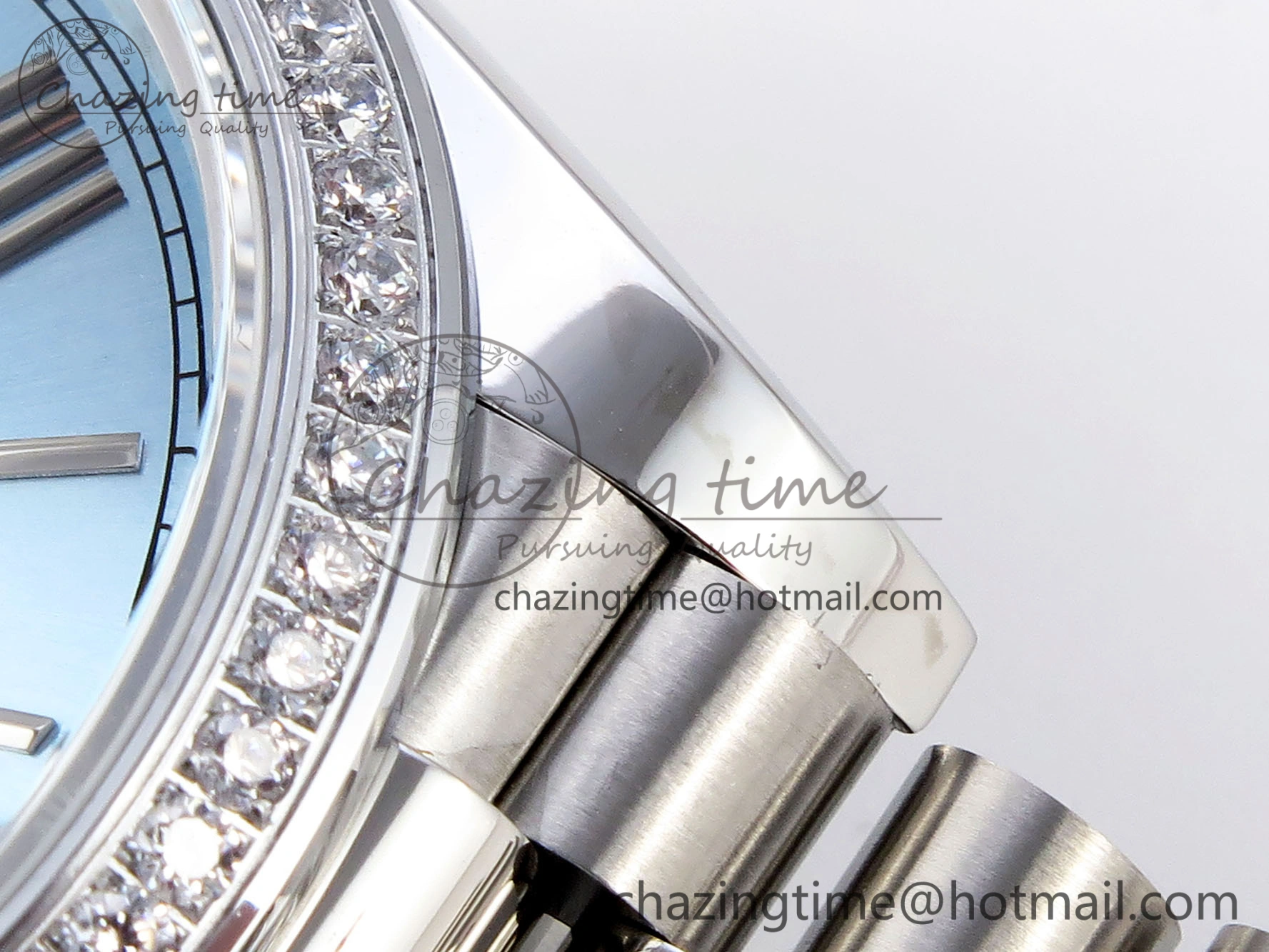 DayDate 40 SS GSF Gain Weight Ice Blue Roman Dial Diamonds Bezel on President Bracelet A2836