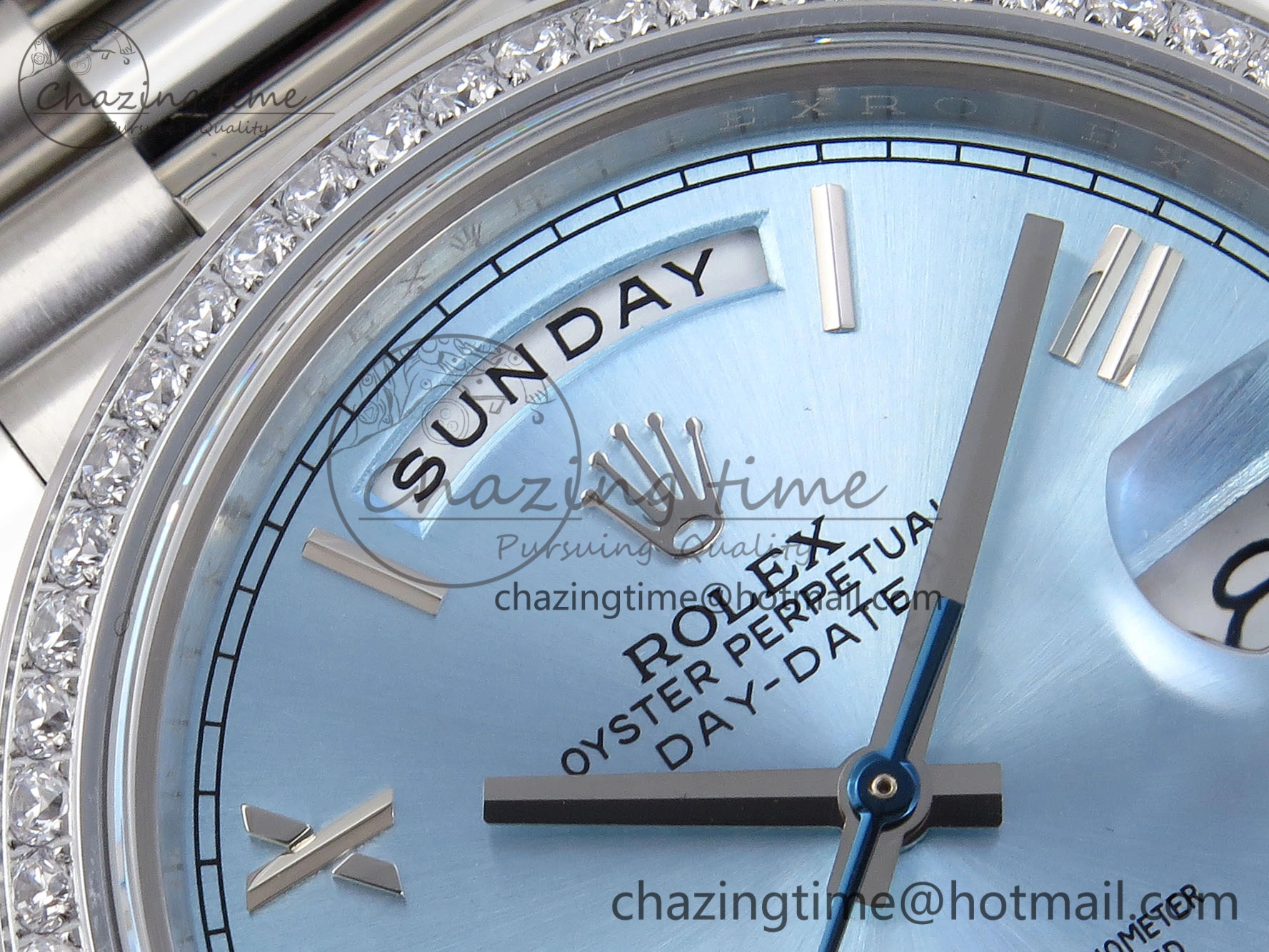 DayDate 40 SS GSF Gain Weight Ice Blue Roman Dial Diamonds Bezel on President Bracelet A2836