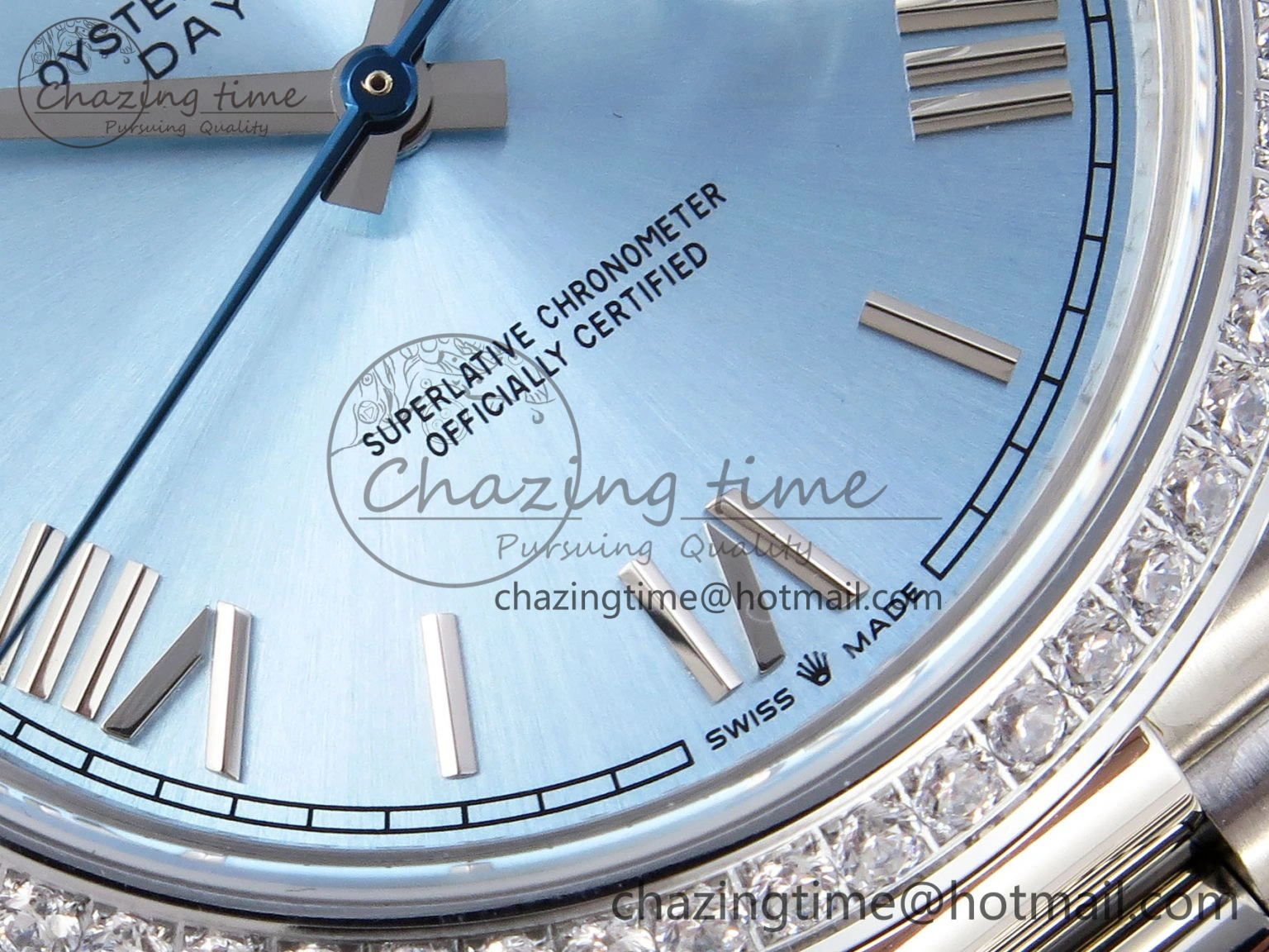 DayDate 40 SS GSF Gain Weight Ice Blue Roman Dial Diamonds Bezel on President Bracelet A2836