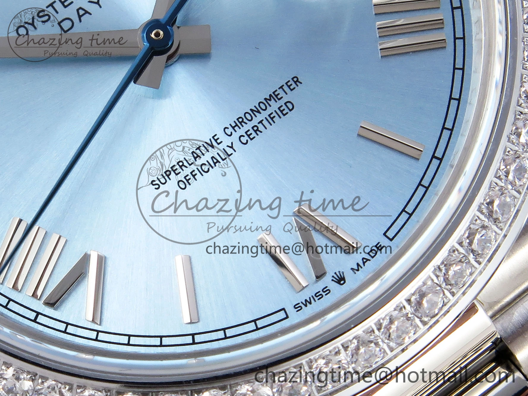 DayDate 40 SS GSF Gain Weight Ice Blue Roman Dial Diamonds Bezel on President Bracelet A2836