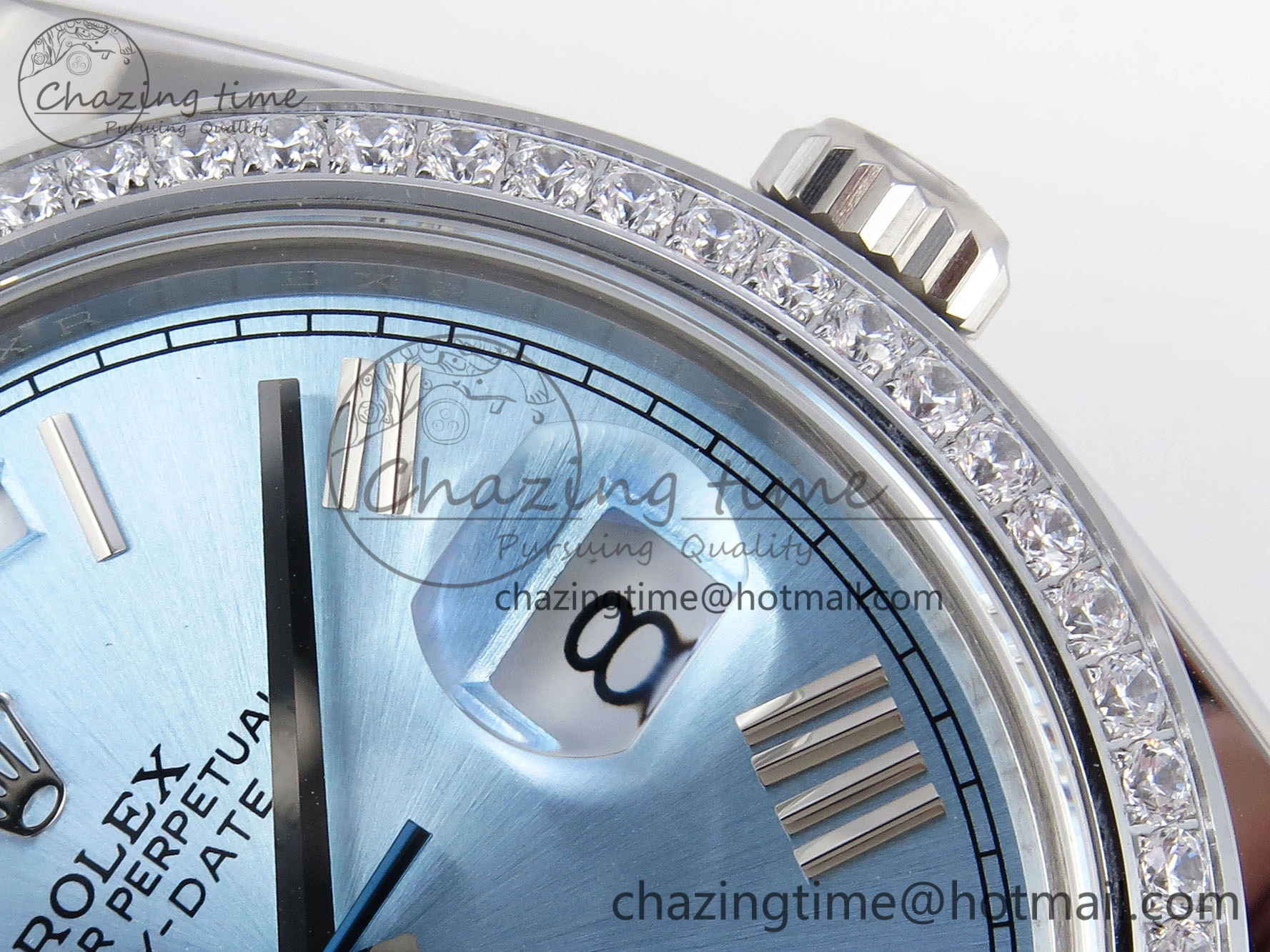 DayDate 40 SS GSF Gain Weight Ice Blue Roman Dial Diamonds Bezel on President Bracelet A2836