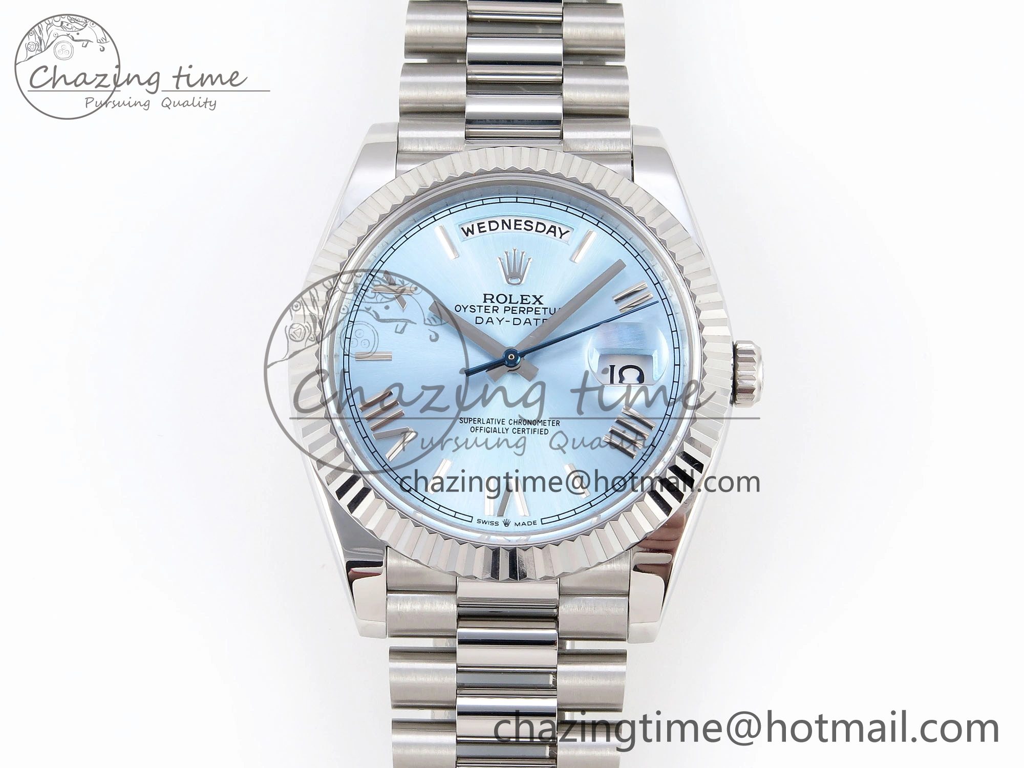 DayDate 40 SS GSF Gain Weight Ice Blue Roman Dial on President Bracelet A2836
