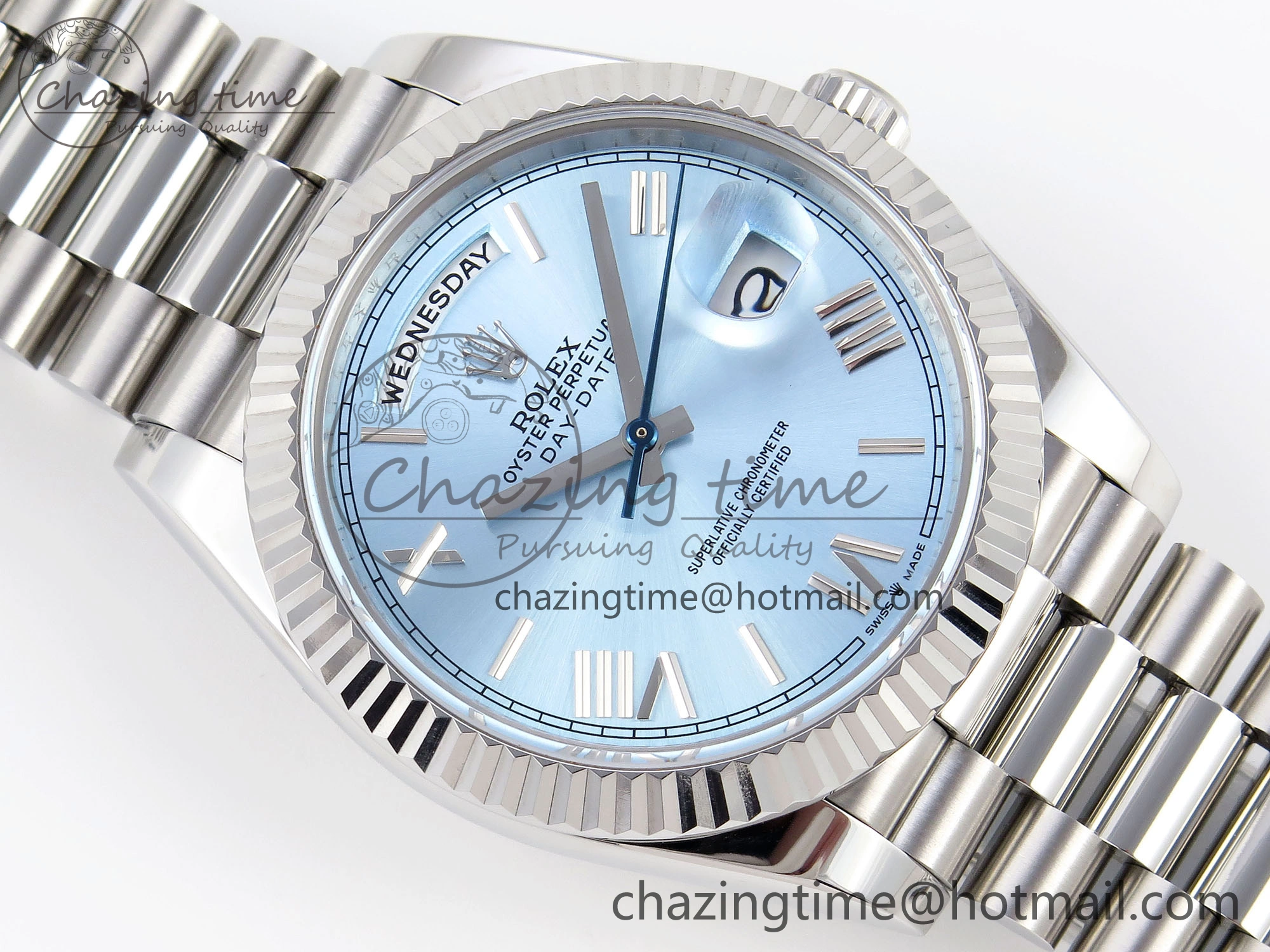 DayDate 40 SS GSF Gain Weight Ice Blue Roman Dial on President Bracelet A2836