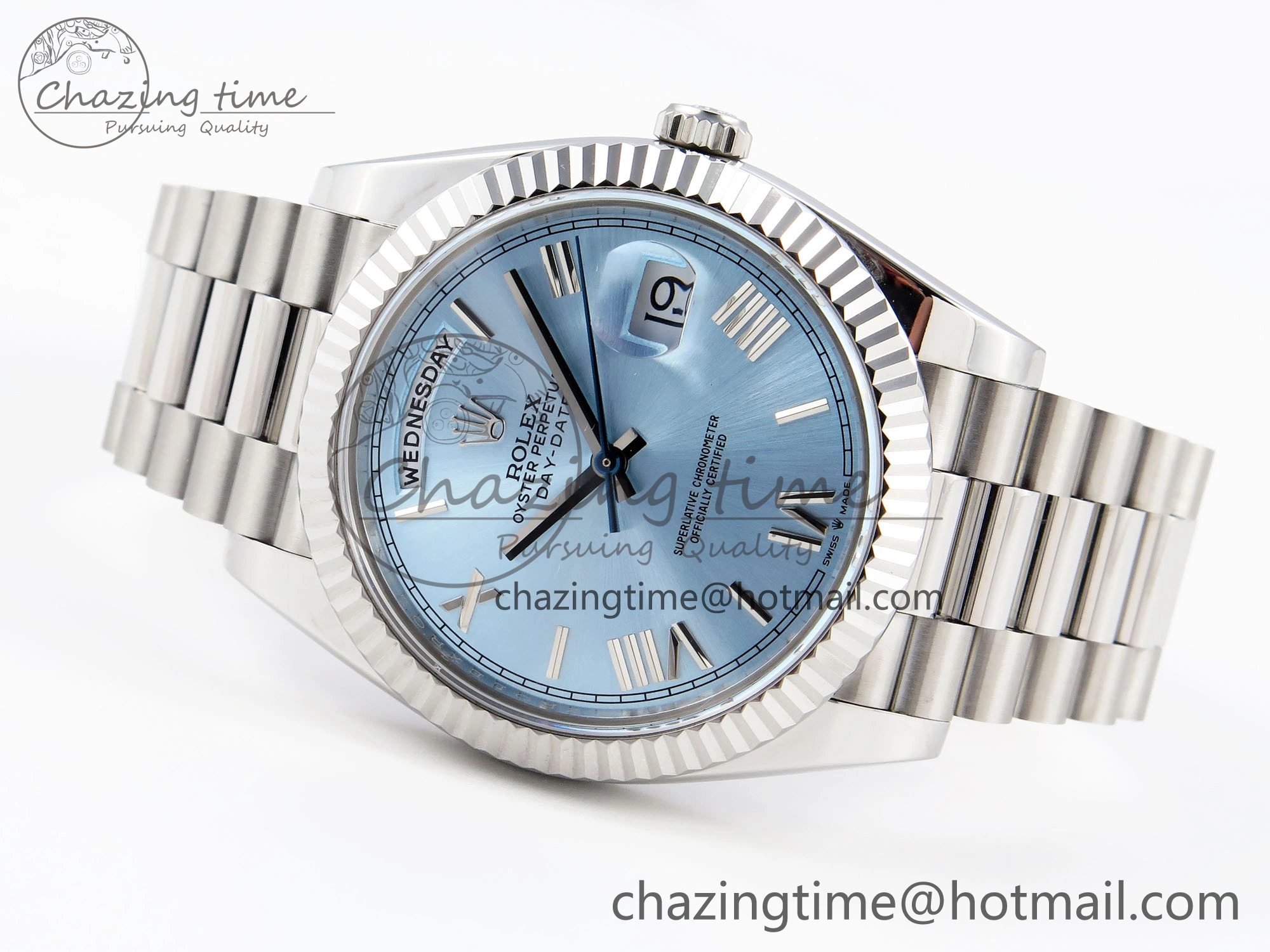 DayDate 40 SS GSF Gain Weight Ice Blue Roman Dial on President Bracelet A2836