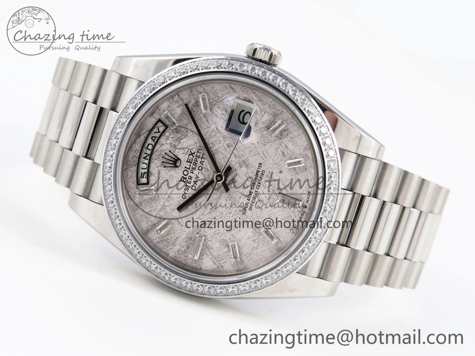 DayDate 40 SS GSF Gain Weight Meteorite Crystal Dial Diamonds Bezel on President Bracelet A2836