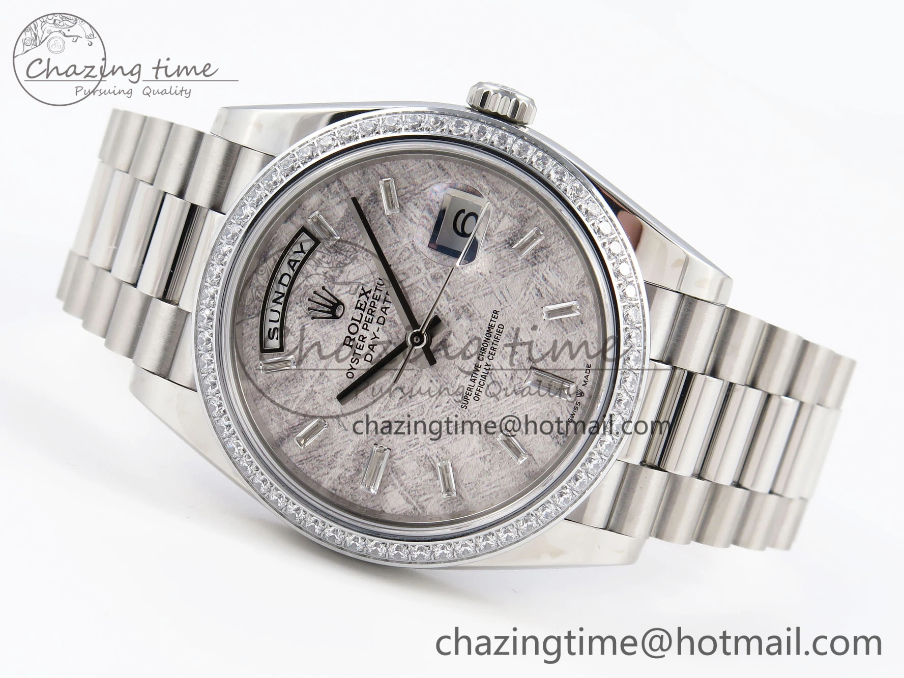 DayDate 40 SS GSF Gain Weight Meteorite Crystal Dial Diamonds Bezel on President Bracelet A2836