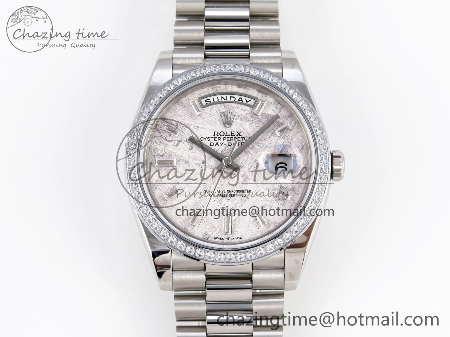 DayDate 40 SS GSF Gain Weight Meteorite Crystal Dial Diamonds Bezel on President Bracelet A2836