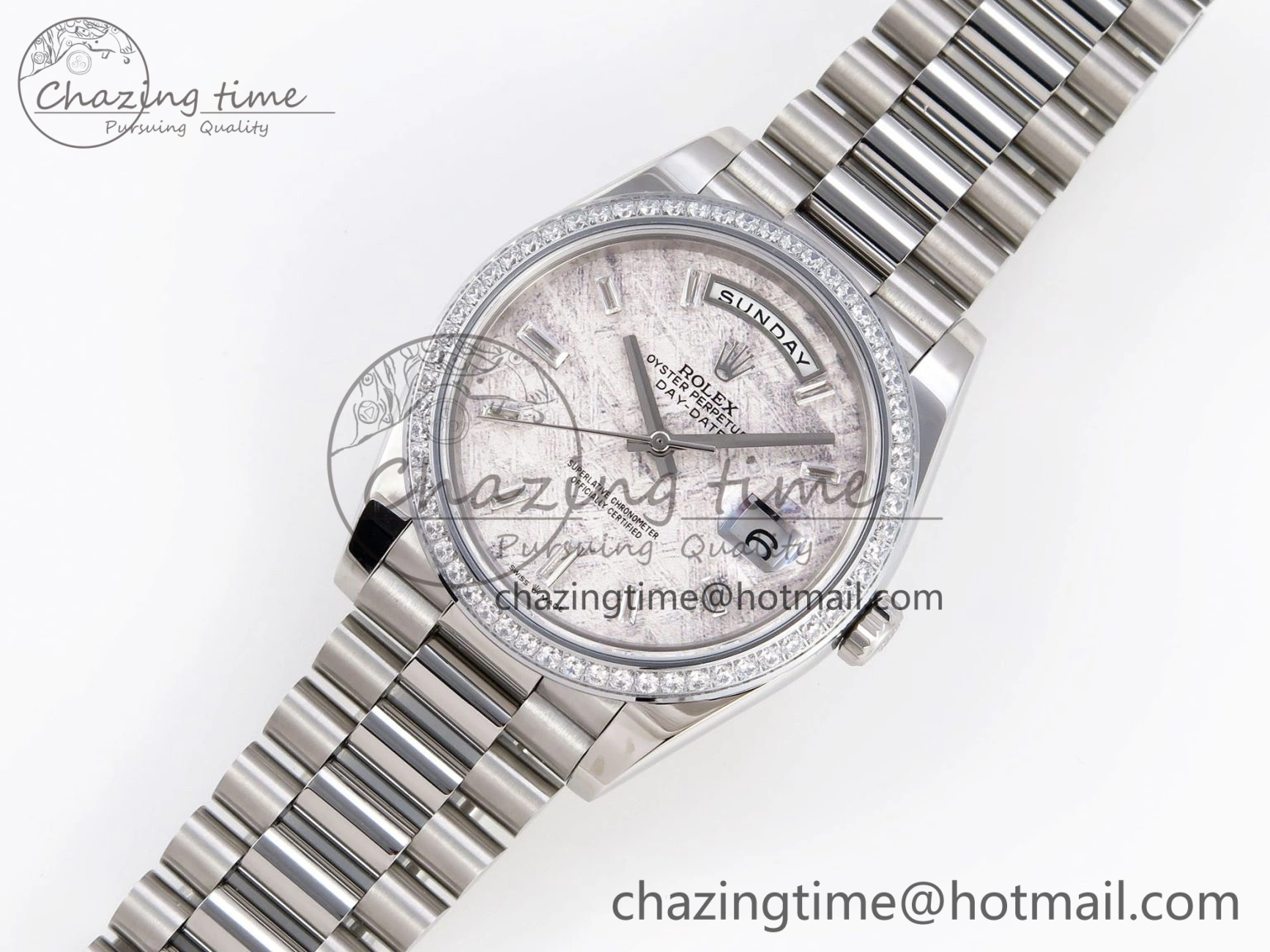 DayDate 40 SS GSF Gain Weight Meteorite Crystal Dial Diamonds Bezel on President Bracelet A2836