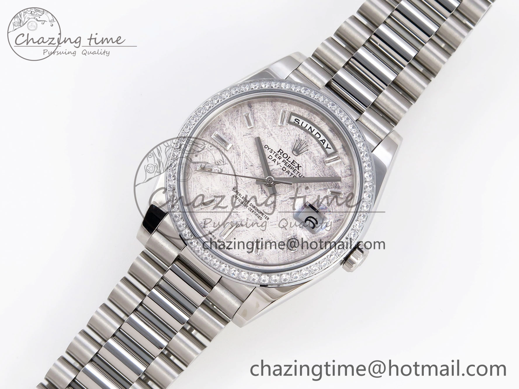 DayDate 40 SS GSF Gain Weight Meteorite Crystal Dial Diamonds Bezel on President Bracelet A2836