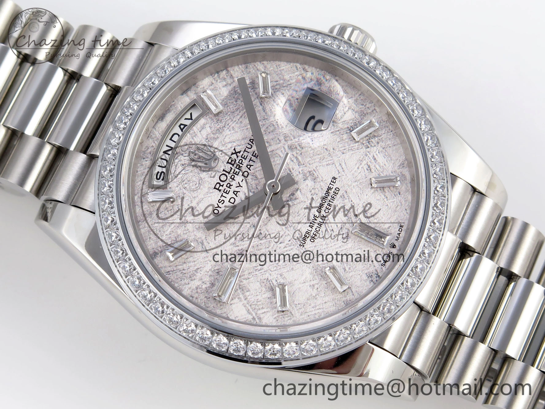 DayDate 40 SS GSF Gain Weight Meteorite Crystal Dial Diamonds Bezel on President Bracelet A2836