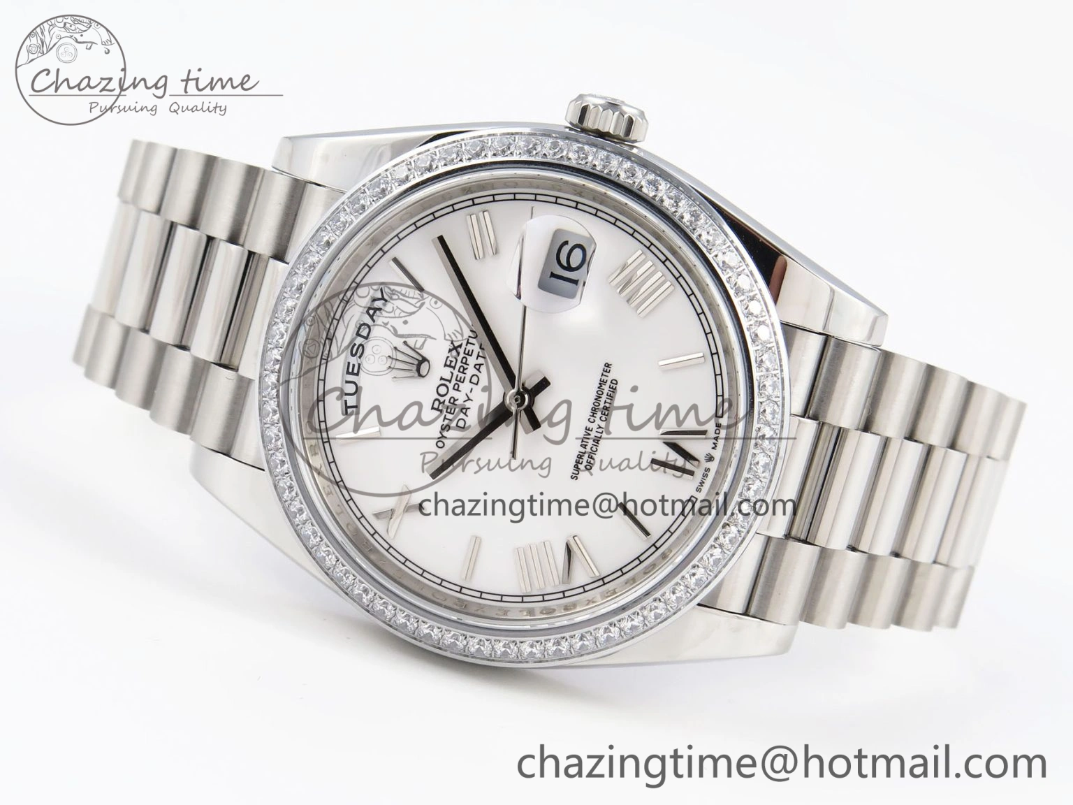 DayDate 40 SS GSF Gain Weight White Roman Dial Diamonds Bezel on President Bracelet A2836