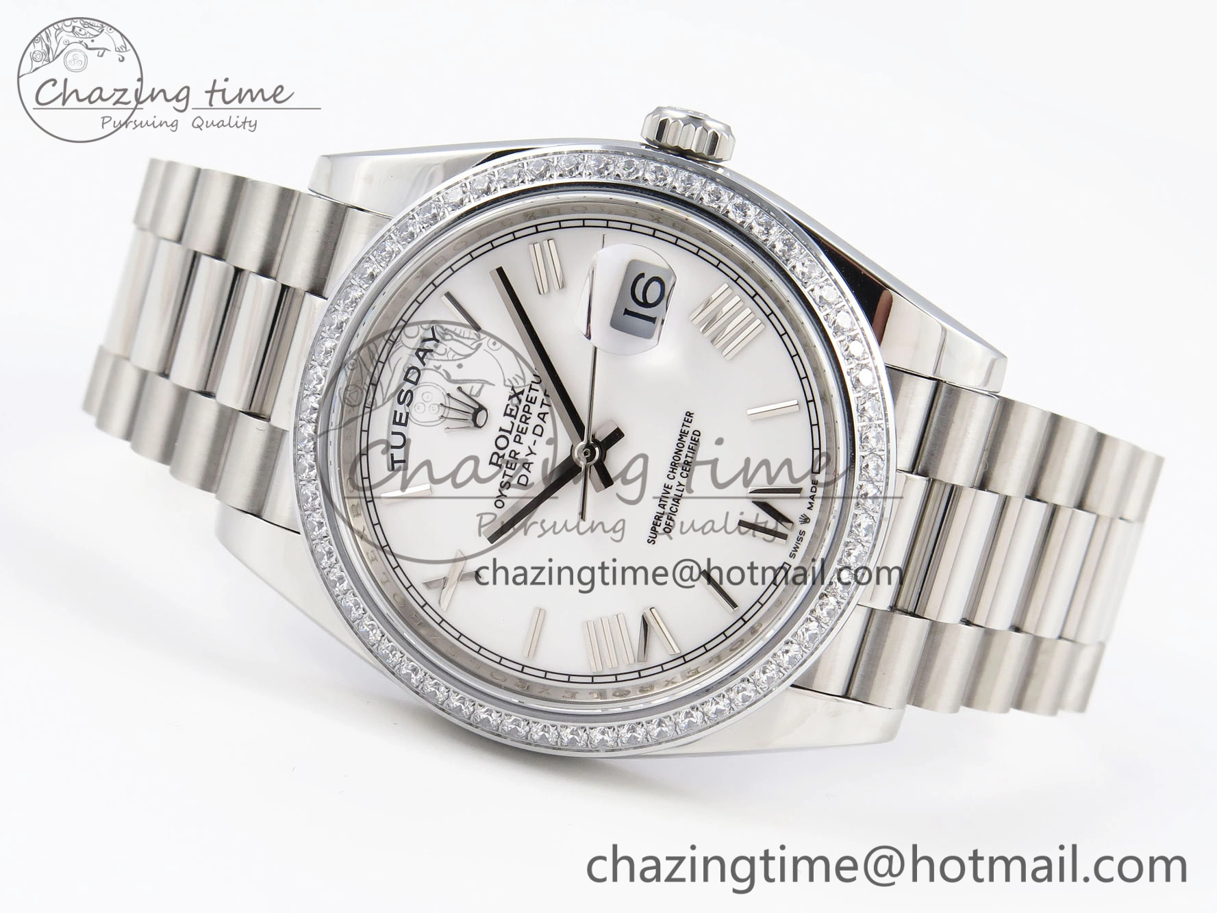 DayDate 40 SS GSF Gain Weight White Roman Dial Diamonds Bezel on President Bracelet A2836