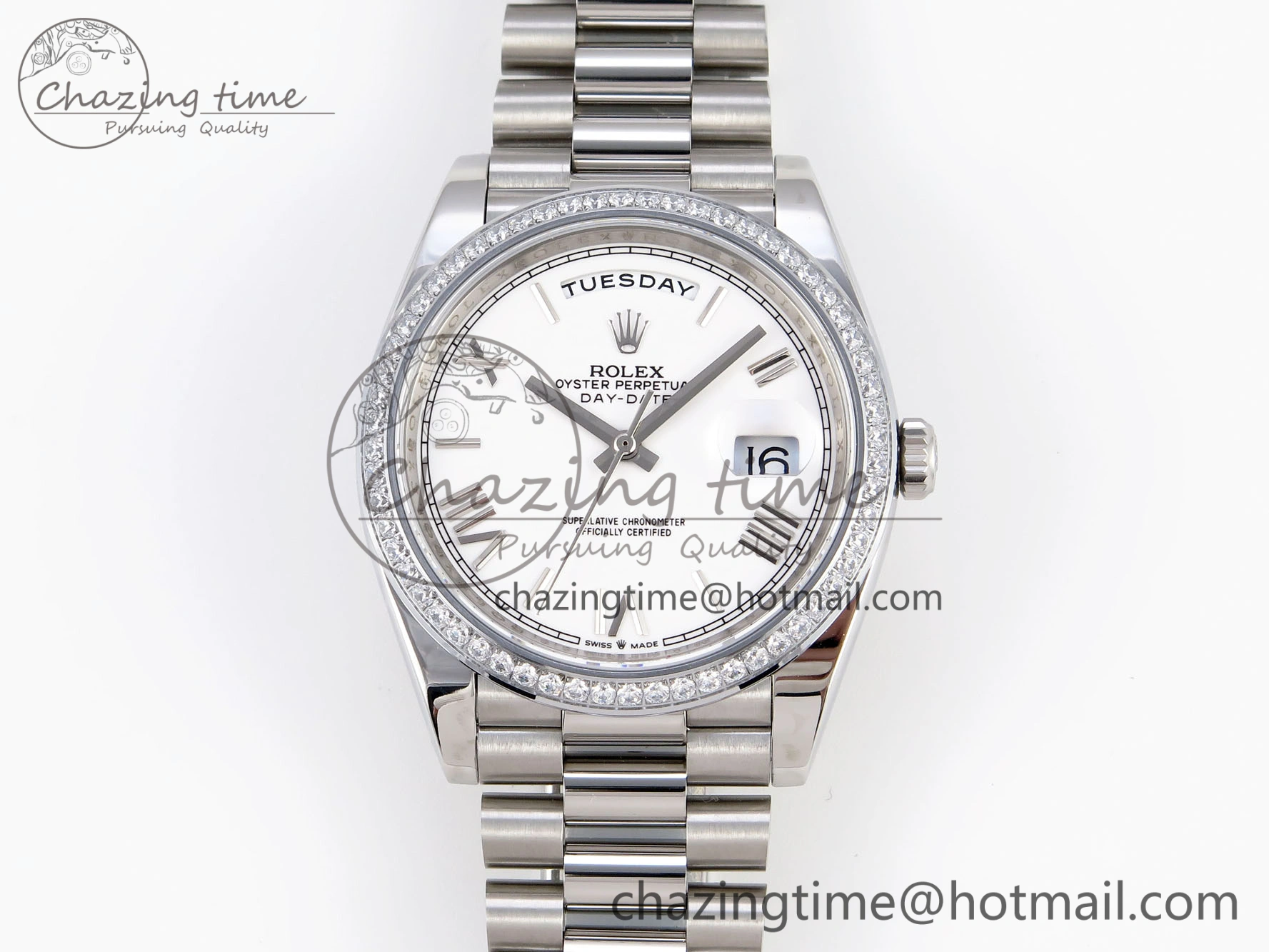 DayDate 40 SS GSF Gain Weight White Roman Dial Diamonds Bezel on President Bracelet A2836
