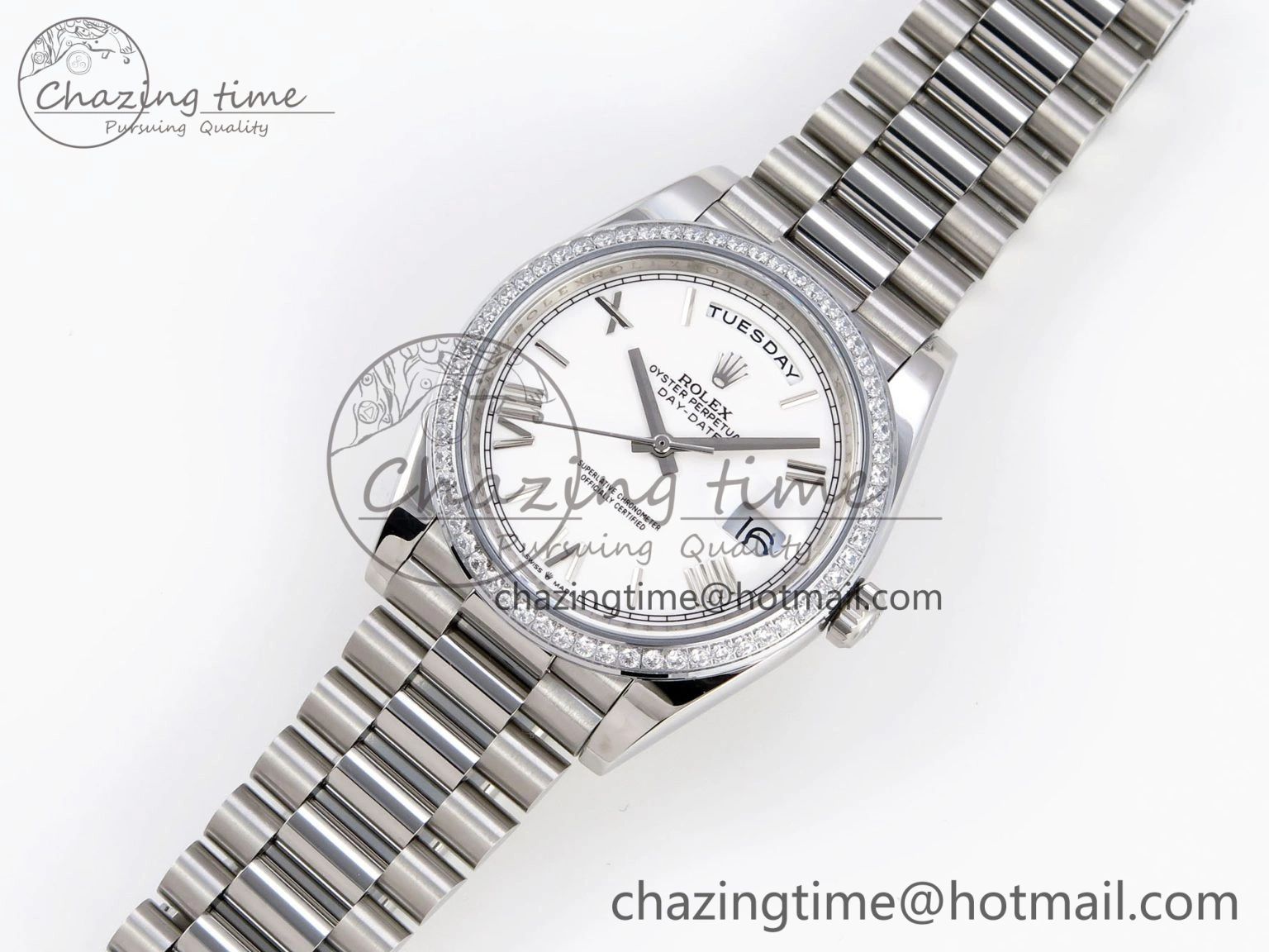 DayDate 40 SS GSF Gain Weight White Roman Dial Diamonds Bezel on President Bracelet A2836