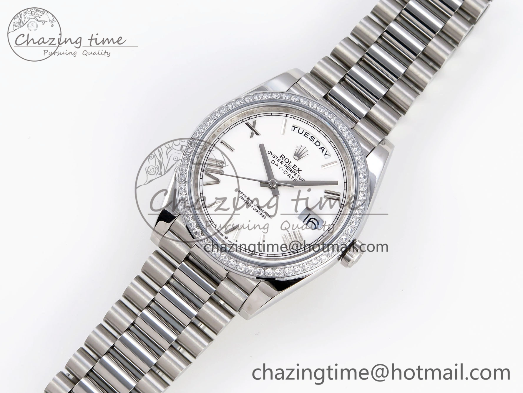 DayDate 40 SS GSF Gain Weight White Roman Dial Diamonds Bezel on President Bracelet A2836