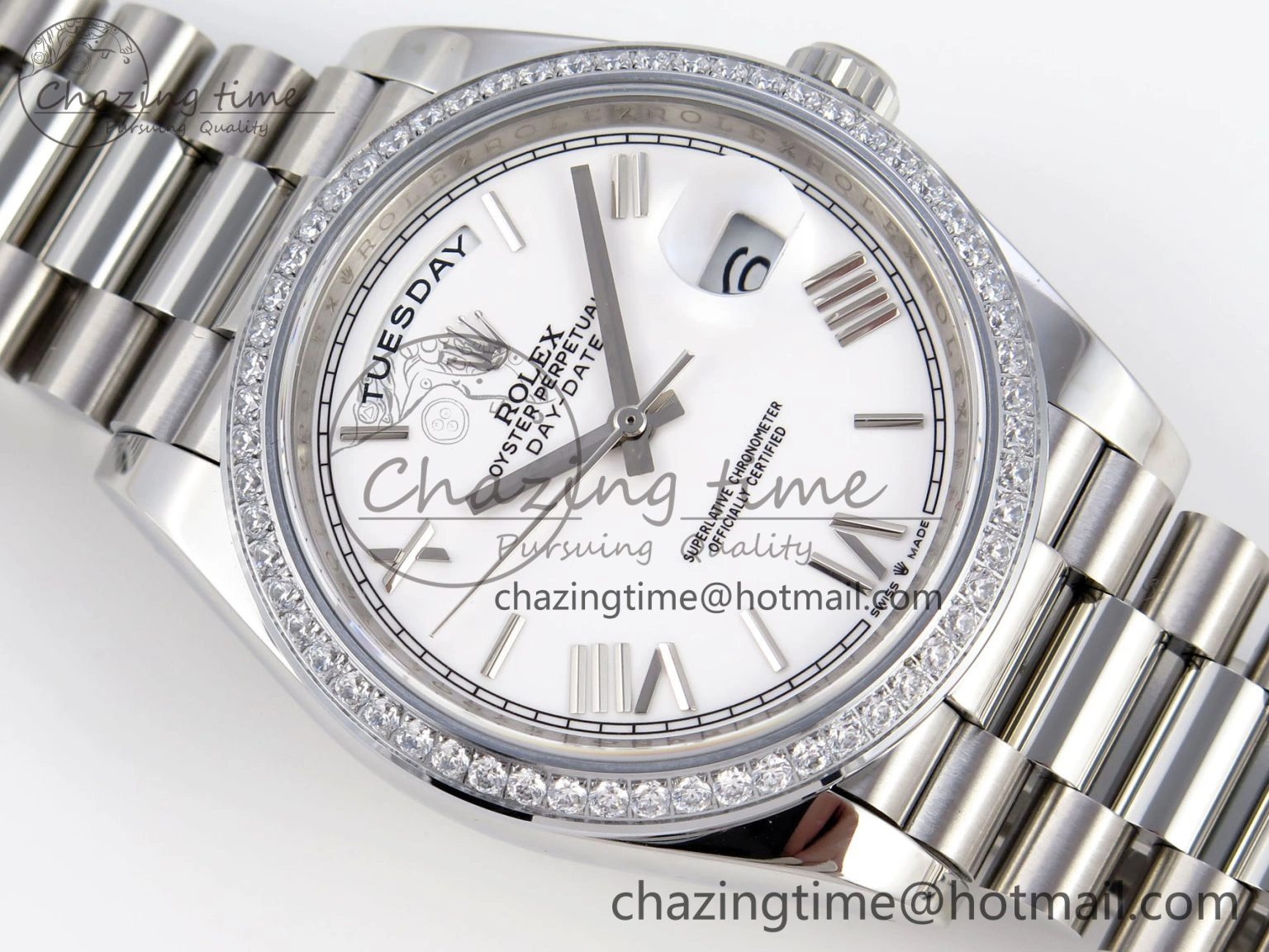 DayDate 40 SS GSF Gain Weight White Roman Dial Diamonds Bezel on President Bracelet A2836
