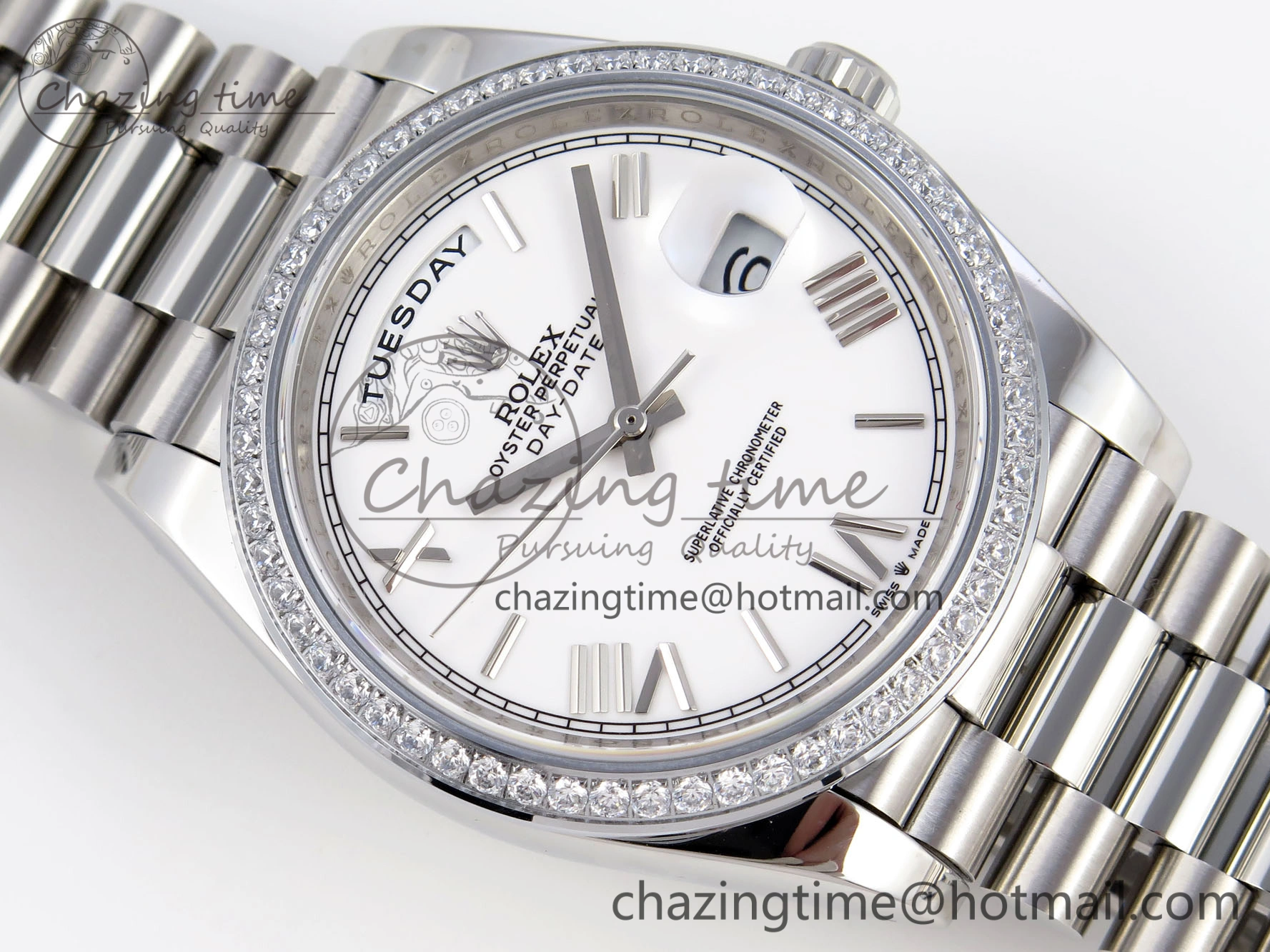 DayDate 40 SS GSF Gain Weight White Roman Dial Diamonds Bezel on President Bracelet A2836