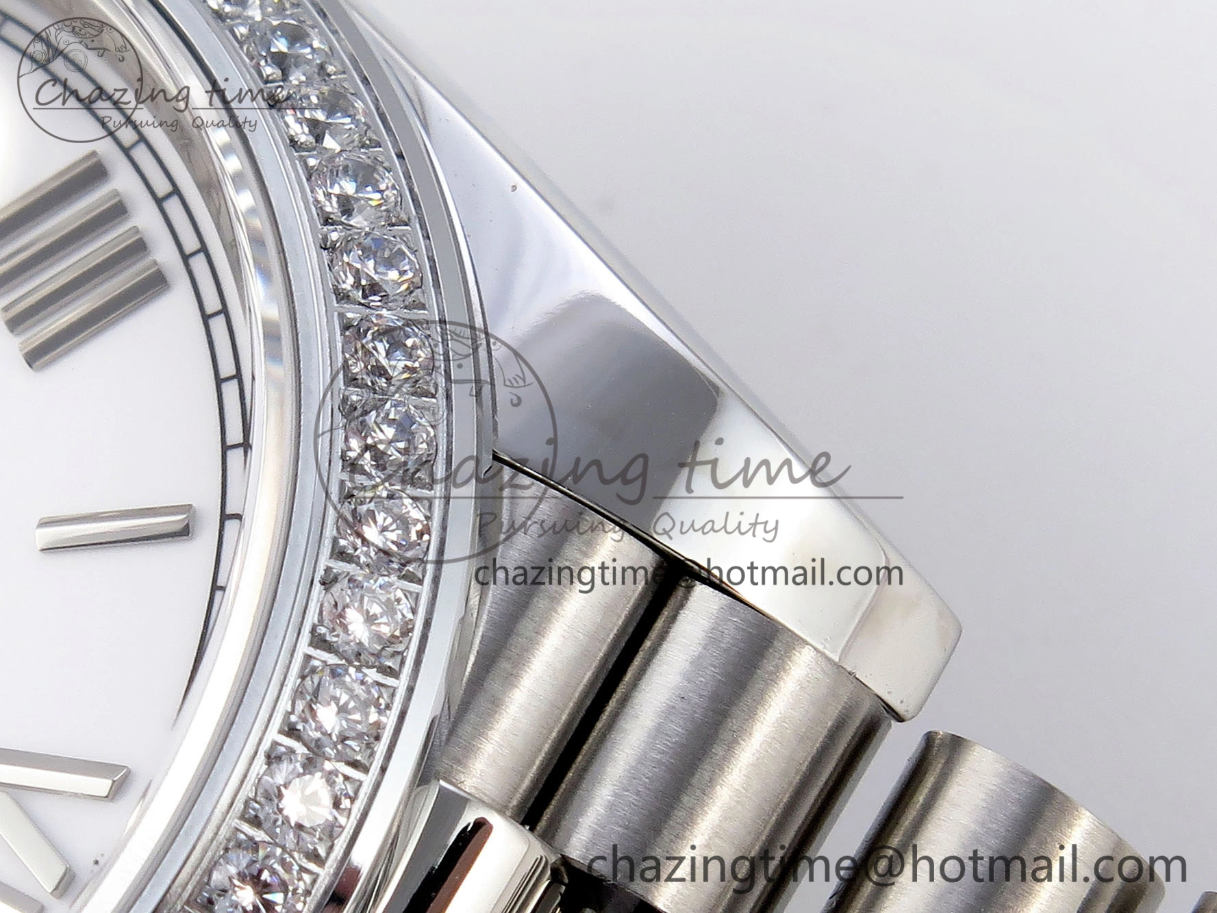DayDate 40 SS GSF Gain Weight White Roman Dial Diamonds Bezel on President Bracelet A2836