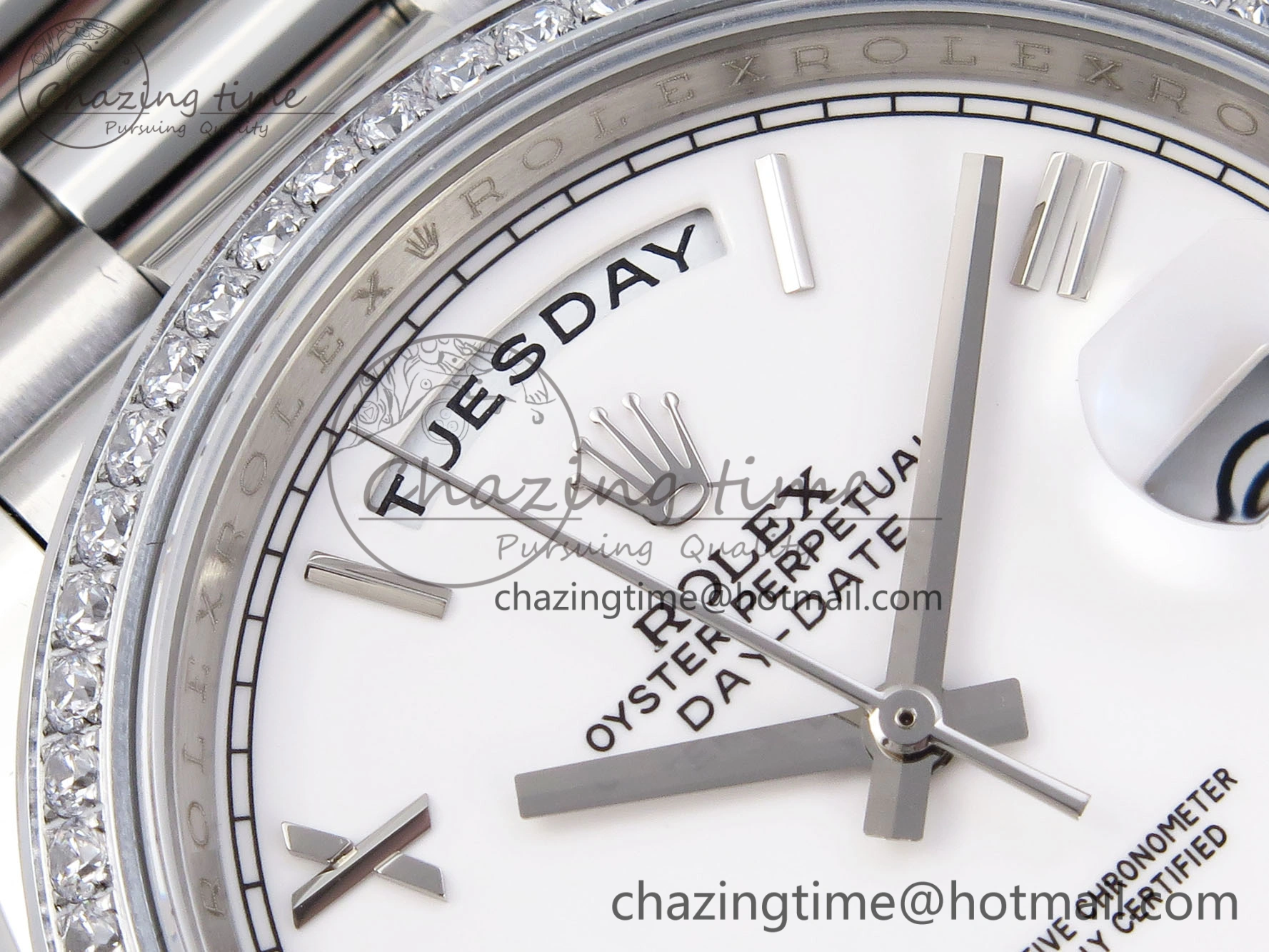 DayDate 40 SS GSF Gain Weight White Roman Dial Diamonds Bezel on President Bracelet A2836