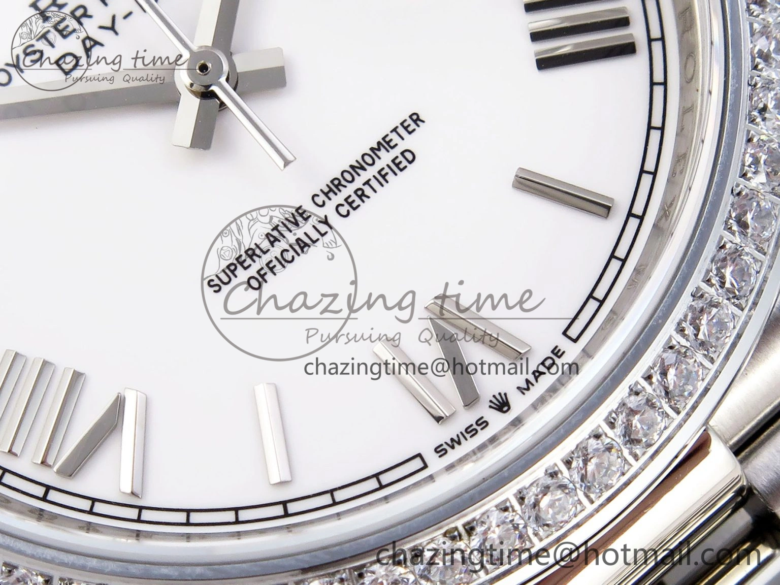 DayDate 40 SS GSF Gain Weight White Roman Dial Diamonds Bezel on President Bracelet A2836