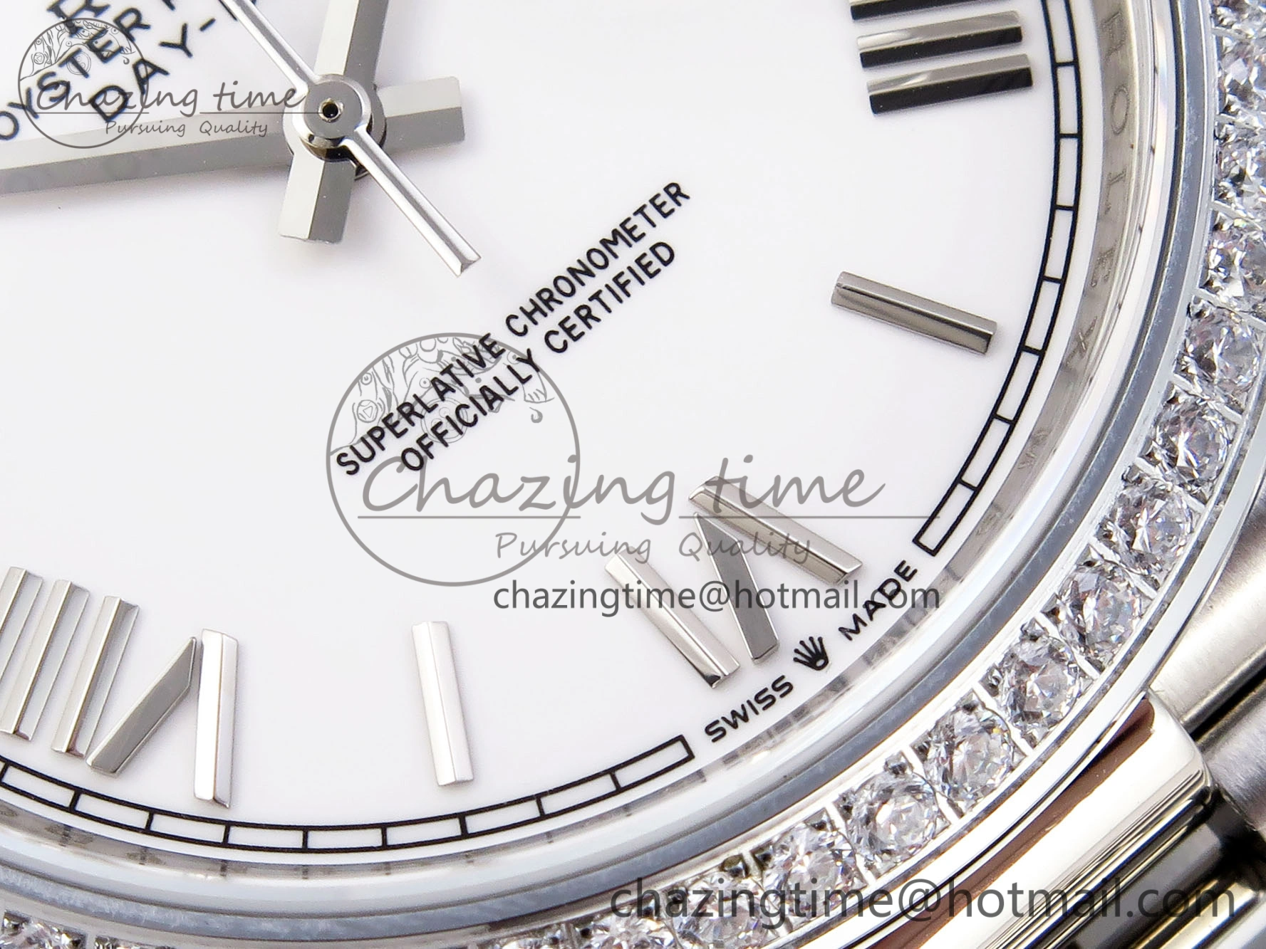 DayDate 40 SS GSF Gain Weight White Roman Dial Diamonds Bezel on President Bracelet A2836