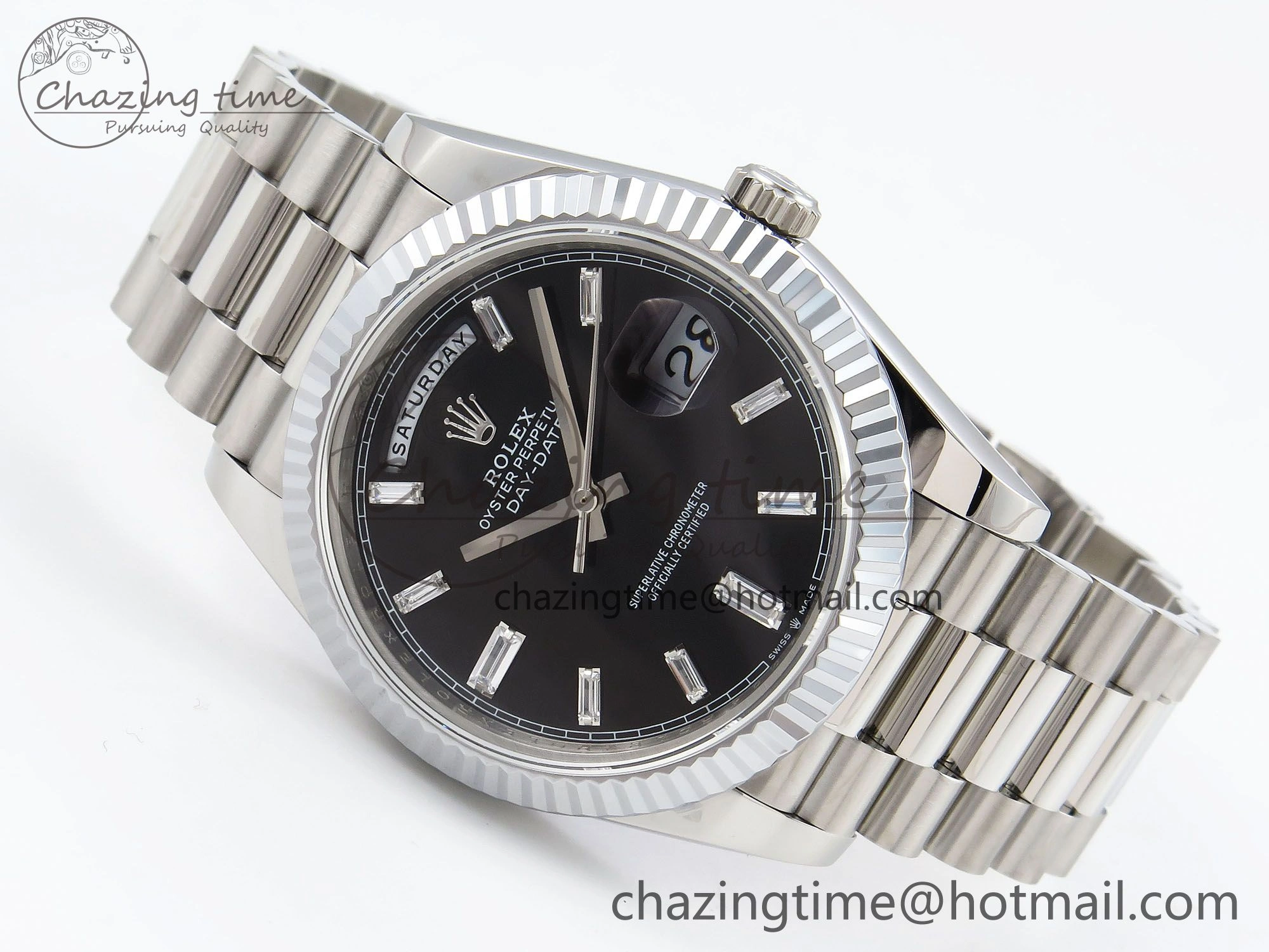 DayDate 40 SS JDF 904L Steel Black Crystal Dial on President Bracelet VR3255 V3 (Gain Weight)