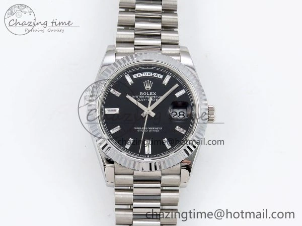 DayDate 40 SS JDF 904L Steel Black Crystal Dial on President Bracelet VR3255 V3 (Gain Weight)