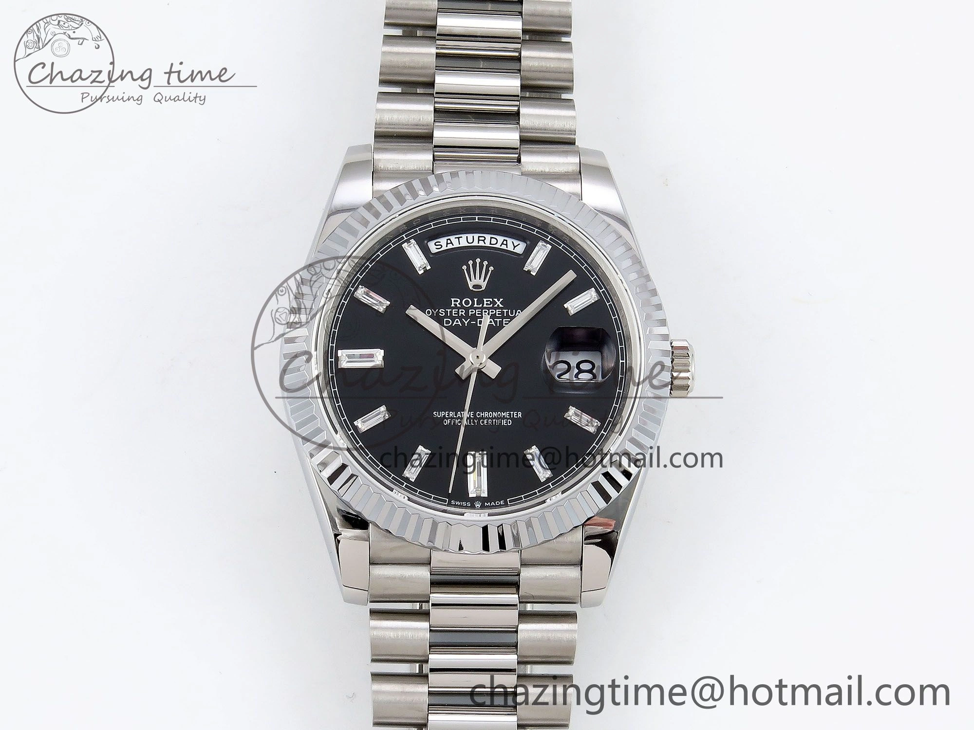 DayDate 40 SS JDF 904L Steel Black Crystal Dial on President Bracelet VR3255 V3 (Gain Weight)