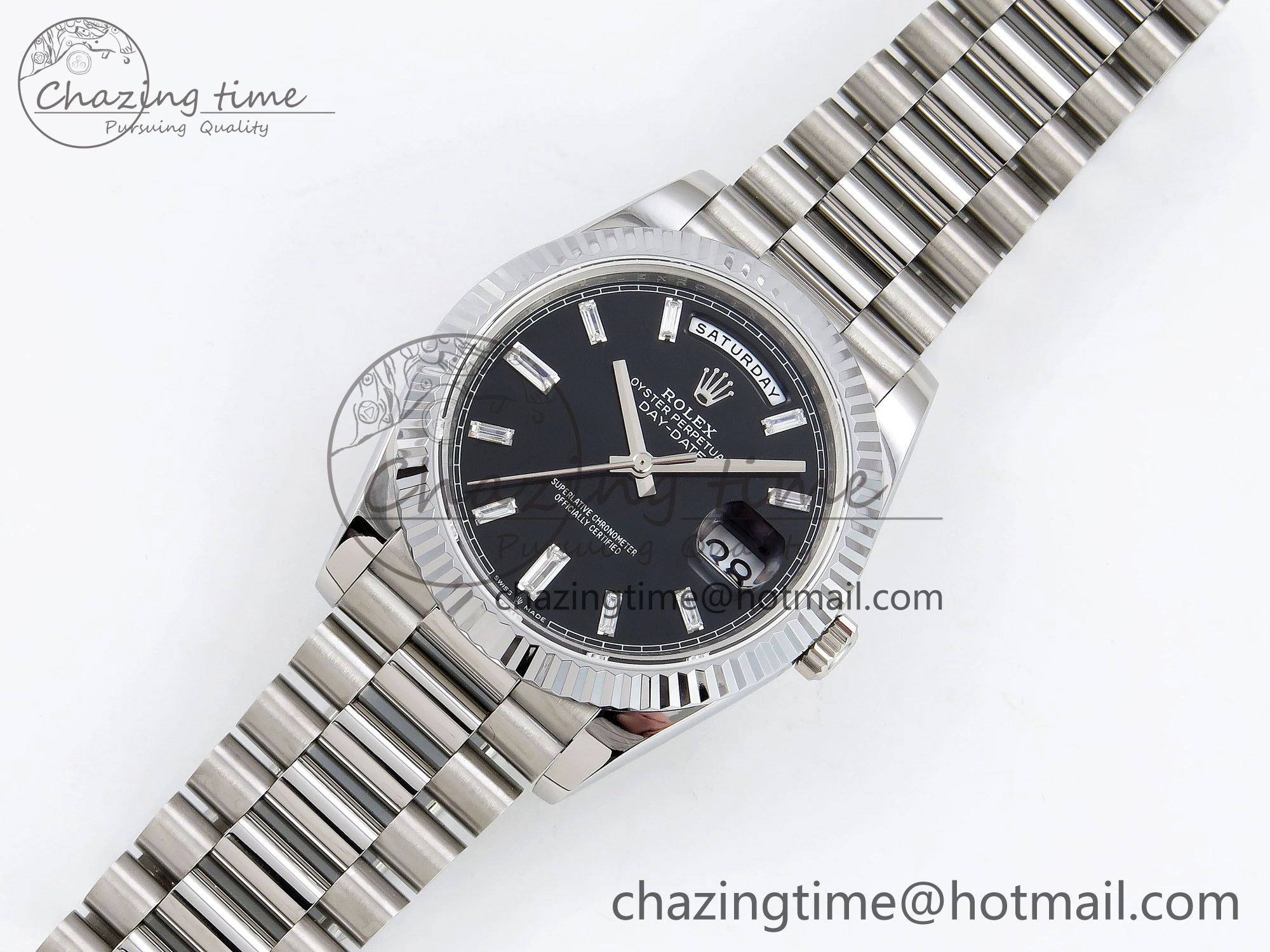DayDate 40 SS JDF 904L Steel Black Crystal Dial on President Bracelet VR3255 V3 (Gain Weight)