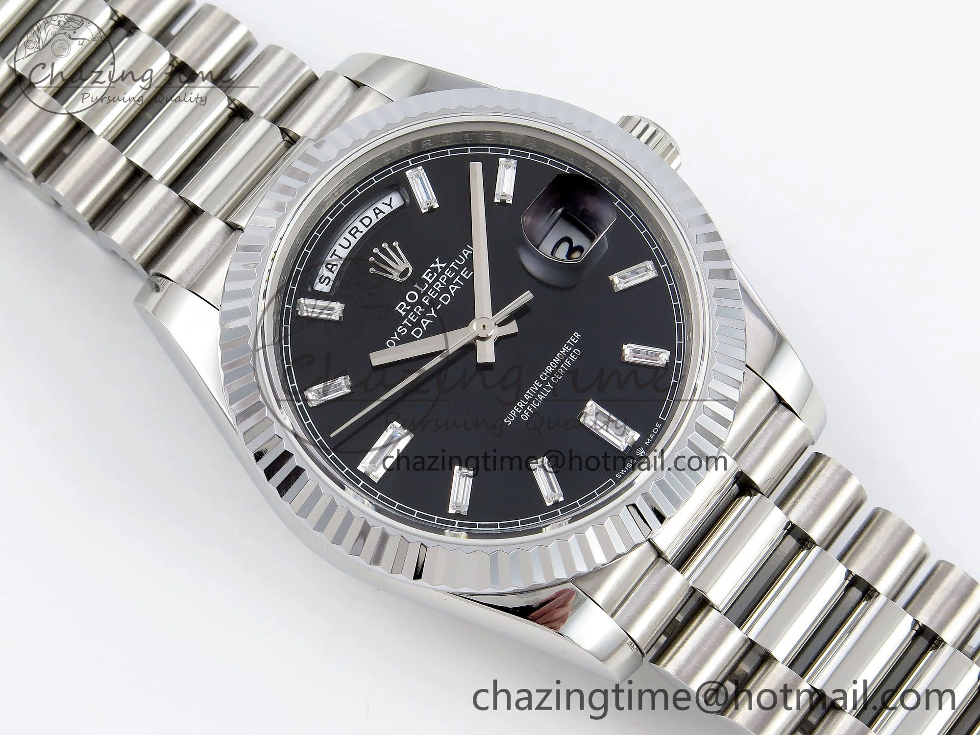 DayDate 40 SS JDF 904L Steel Black Crystal Dial on President Bracelet VR3255 V3 (Gain Weight)