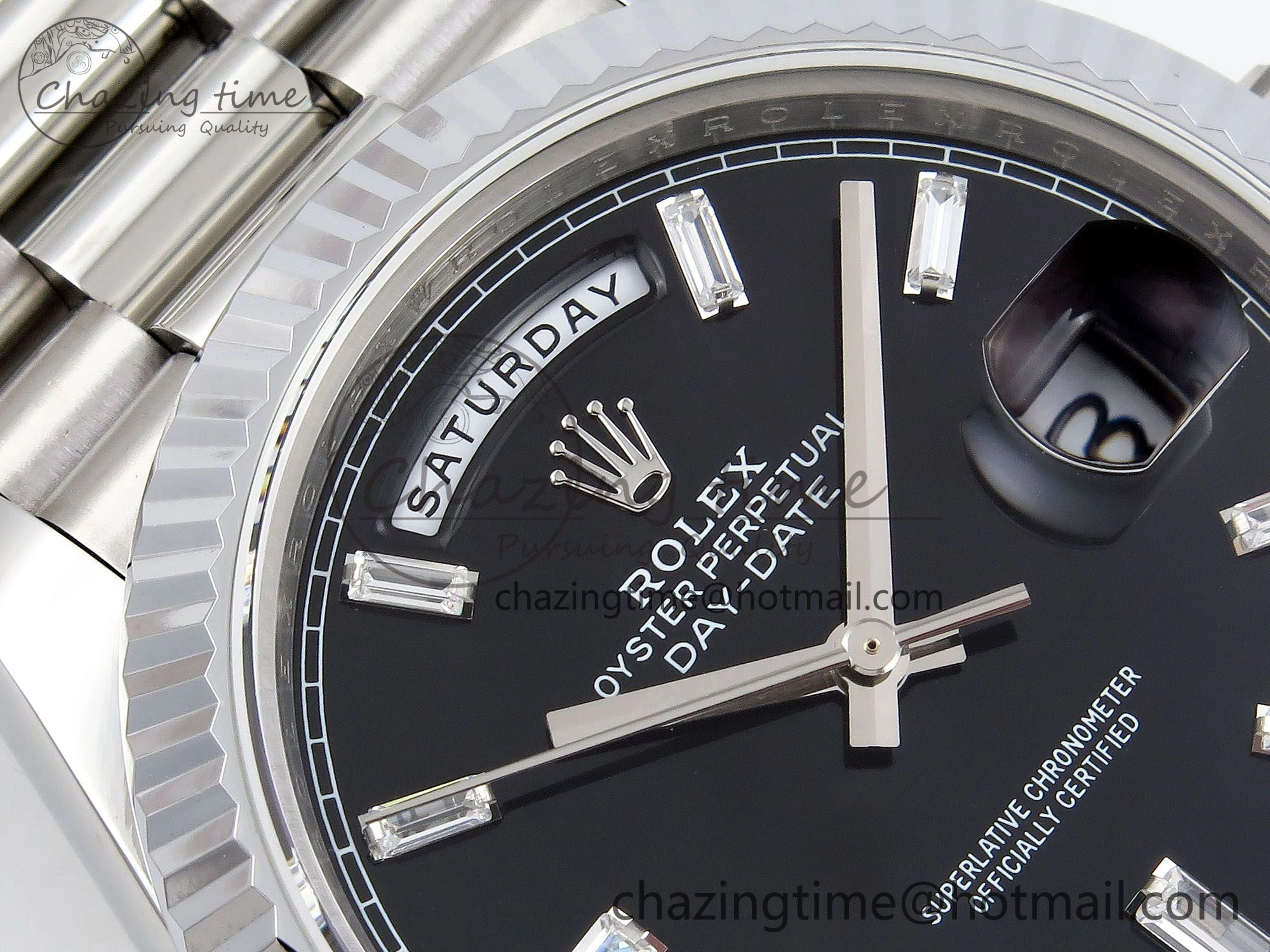 DayDate 40 SS JDF 904L Steel Black Crystal Dial on President Bracelet VR3255 V3 (Gain Weight)