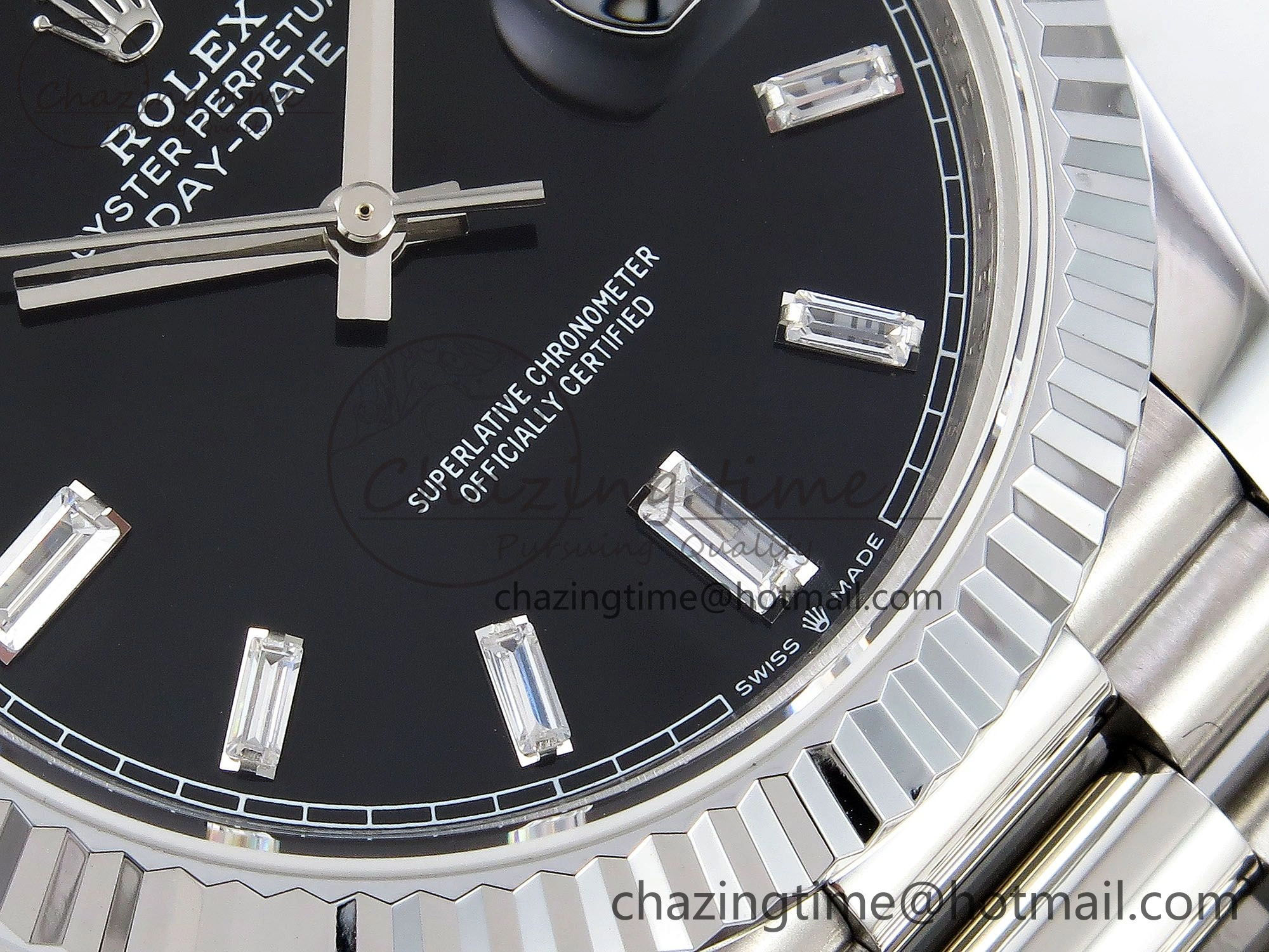 DayDate 40 SS JDF 904L Steel Black Crystal Dial on President Bracelet VR3255 V3 (Gain Weight)