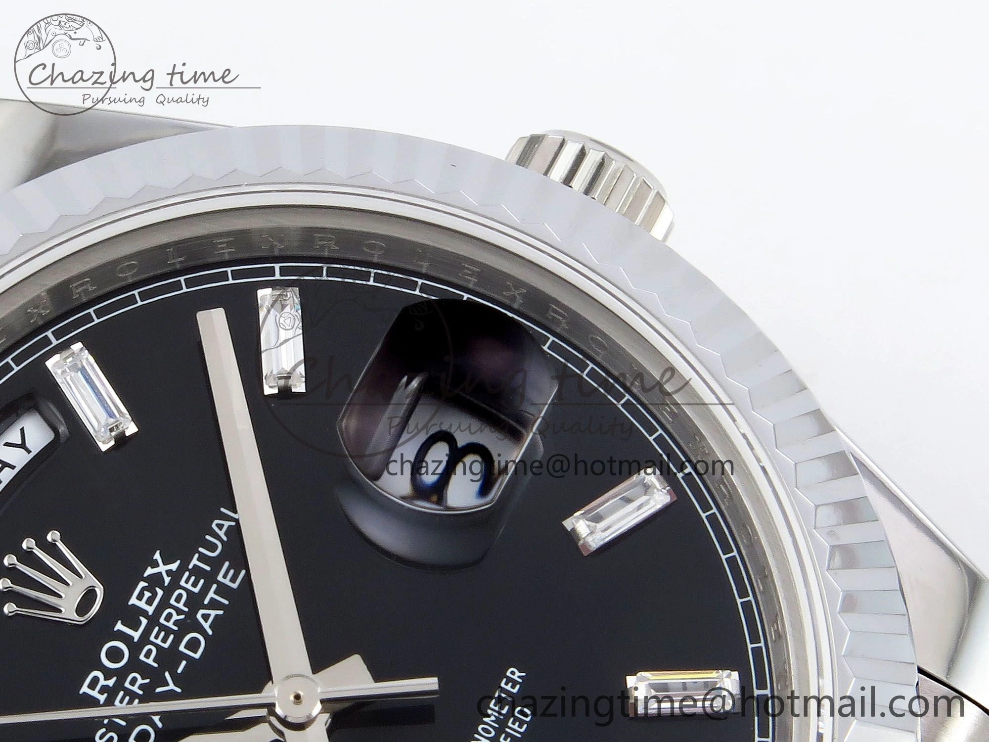 DayDate 40 SS JDF 904L Steel Black Crystal Dial on President Bracelet VR3255 V3 (Gain Weight)