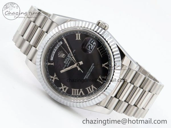 DayDate 40 SS JDF 904L Steel Black Roman Dial on President Bracelet VR3255 V3 (Gain Weight)