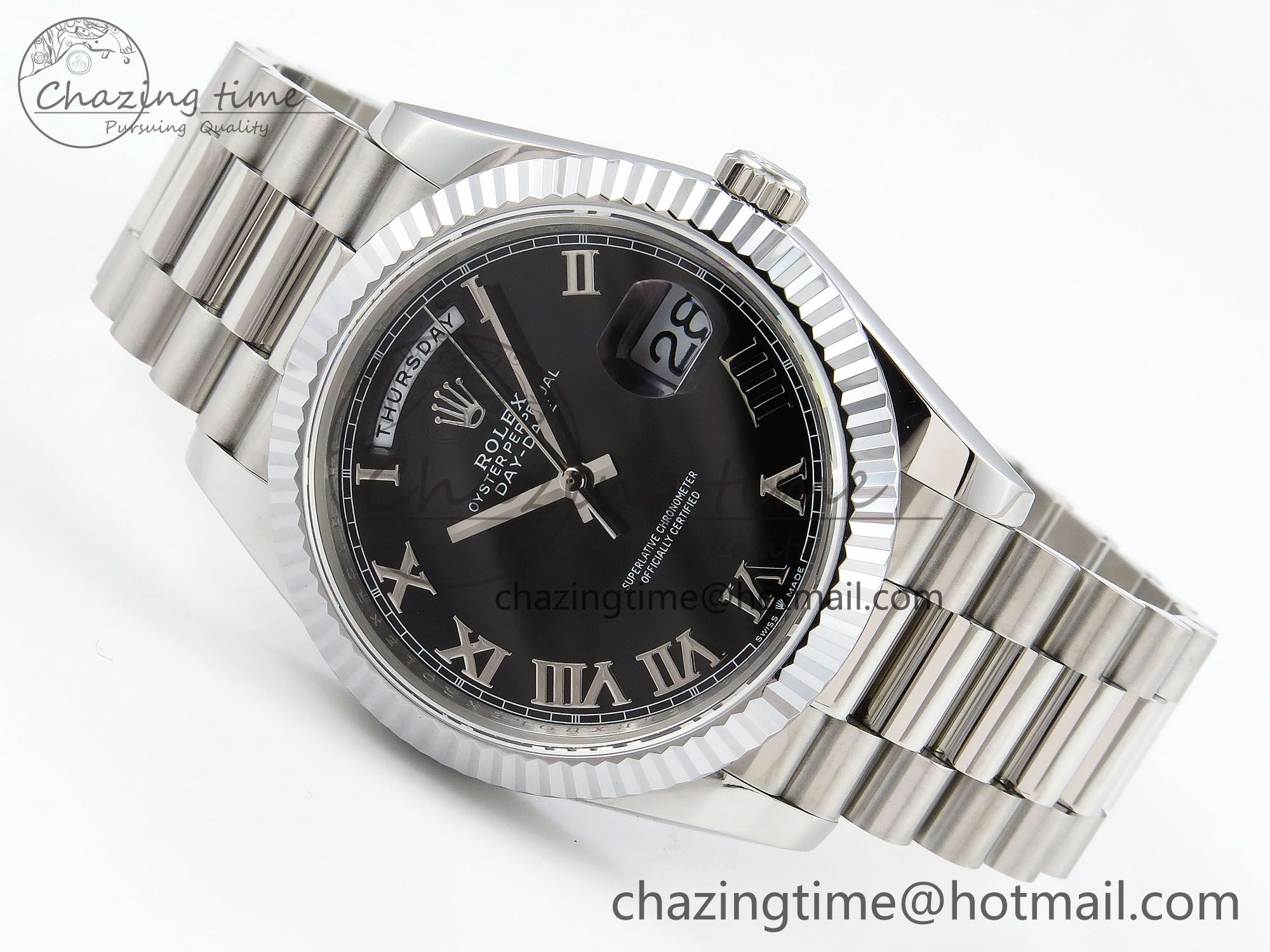 DayDate 40 SS JDF 904L Steel Black Roman Dial on President Bracelet VR3255 V3 (Gain Weight)