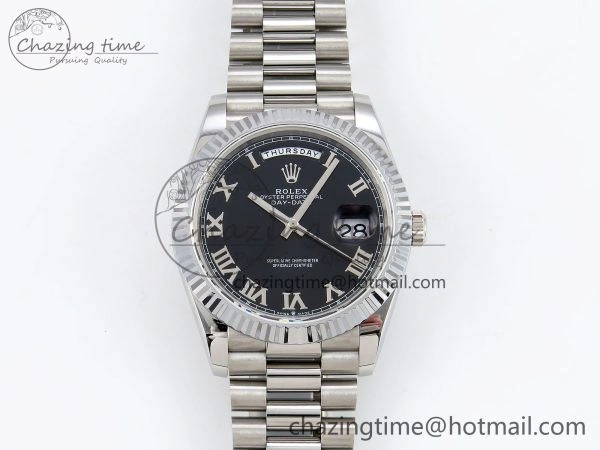 DayDate 40 SS JDF 904L Steel Black Roman Dial on President Bracelet VR3255 V3 (Gain Weight)