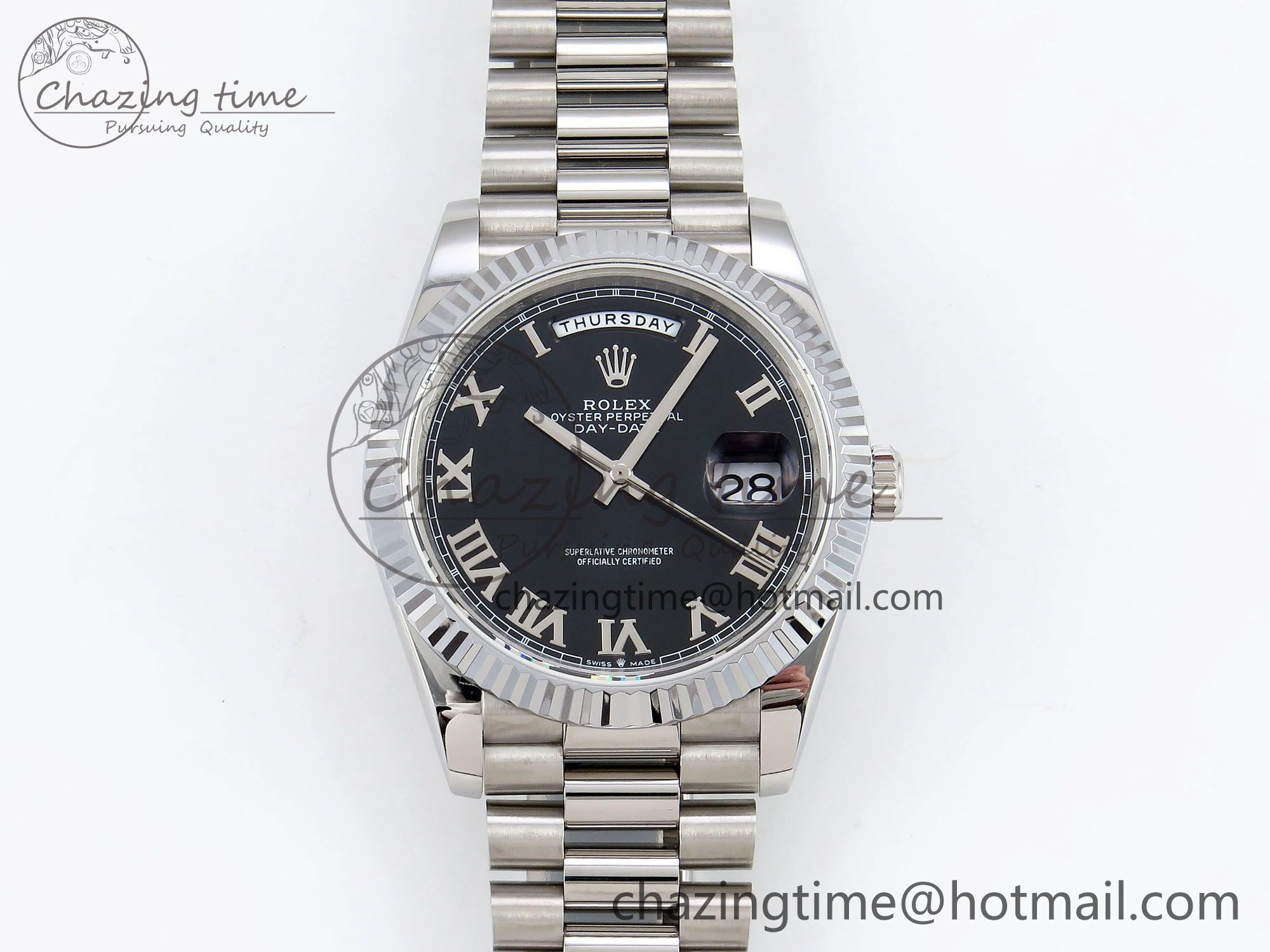 DayDate 40 SS JDF 904L Steel Black Roman Dial on President Bracelet VR3255 V3 (Gain Weight)