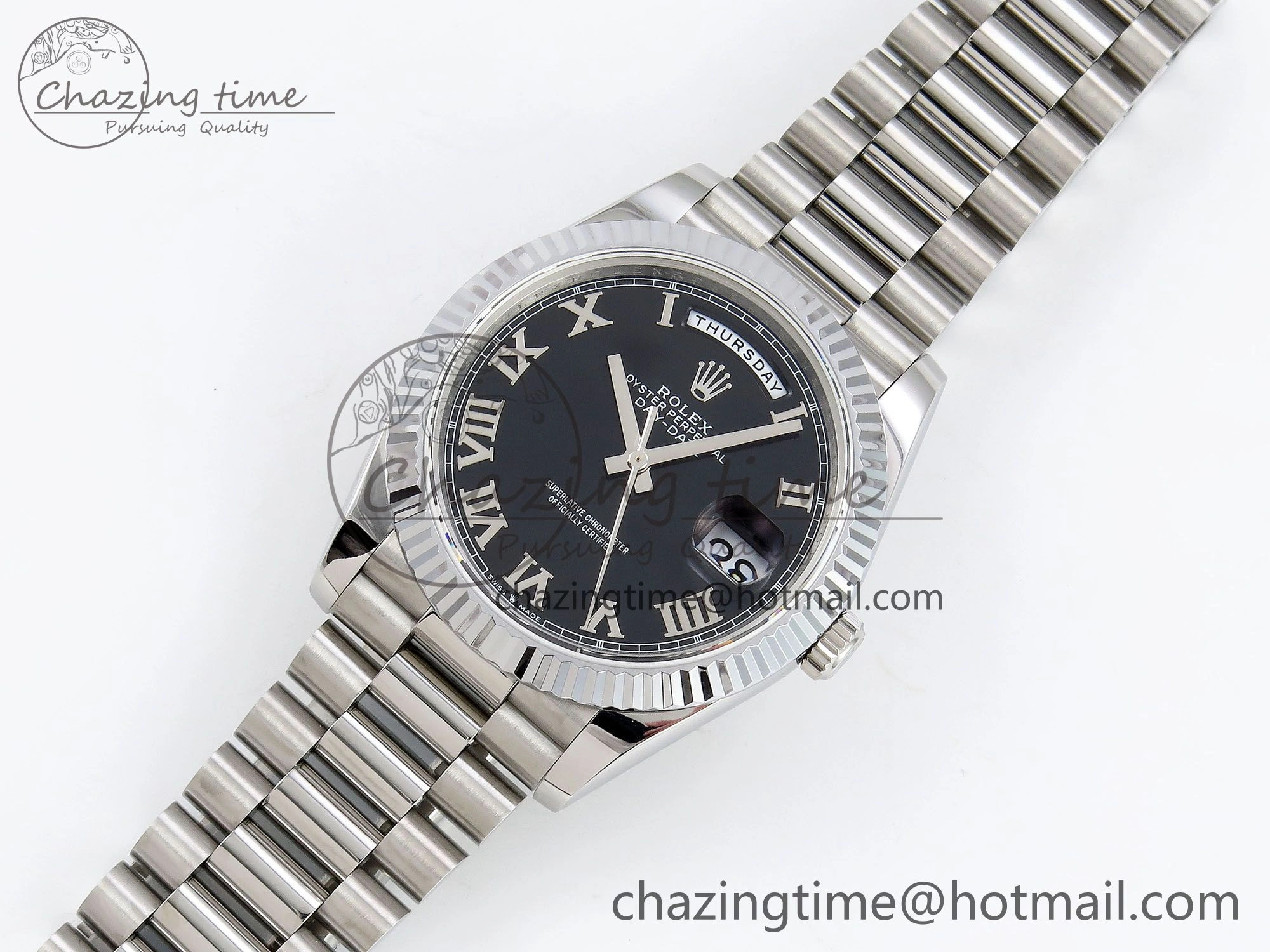 DayDate 40 SS JDF 904L Steel Black Roman Dial on President Bracelet VR3255 V3 (Gain Weight)