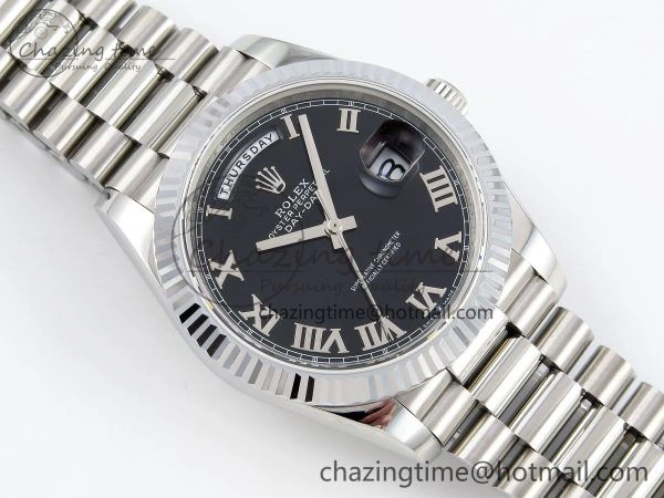 DayDate 40 SS JDF 904L Steel Black Roman Dial on President Bracelet VR3255 V3 (Gain Weight)