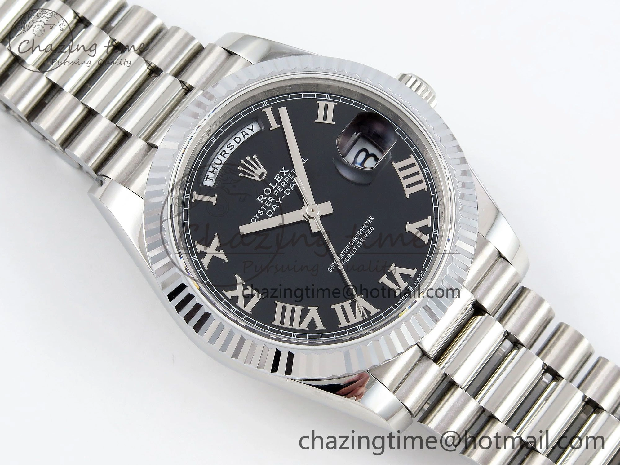 DayDate 40 SS JDF 904L Steel Black Roman Dial on President Bracelet VR3255 V3 (Gain Weight)