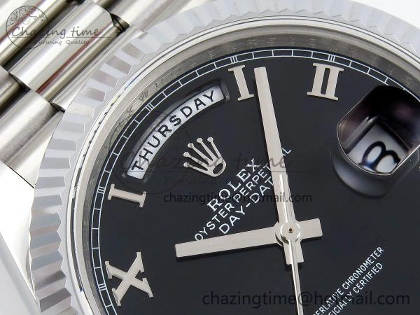 DayDate 40 SS JDF 904L Steel Black Roman Dial on President Bracelet VR3255 V3 (Gain Weight)
