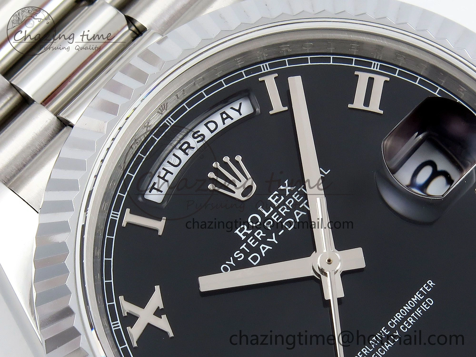 DayDate 40 SS JDF 904L Steel Black Roman Dial on President Bracelet VR3255 V3 (Gain Weight)