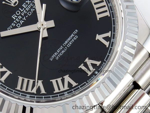 DayDate 40 SS JDF 904L Steel Black Roman Dial on President Bracelet VR3255 V3 (Gain Weight)