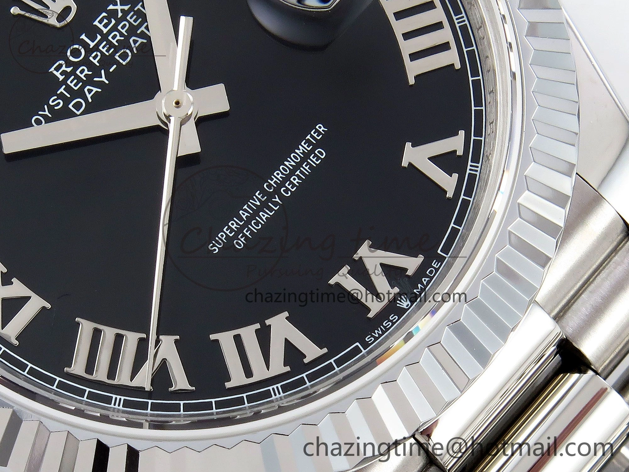 DayDate 40 SS JDF 904L Steel Black Roman Dial on President Bracelet VR3255 V3 (Gain Weight)