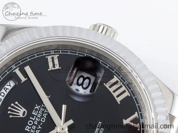 DayDate 40 SS JDF 904L Steel Black Roman Dial on President Bracelet VR3255 V3 (Gain Weight)