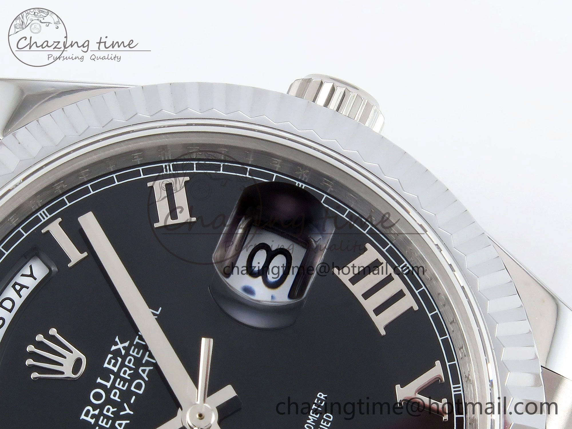 DayDate 40 SS JDF 904L Steel Black Roman Dial on President Bracelet VR3255 V3 (Gain Weight)