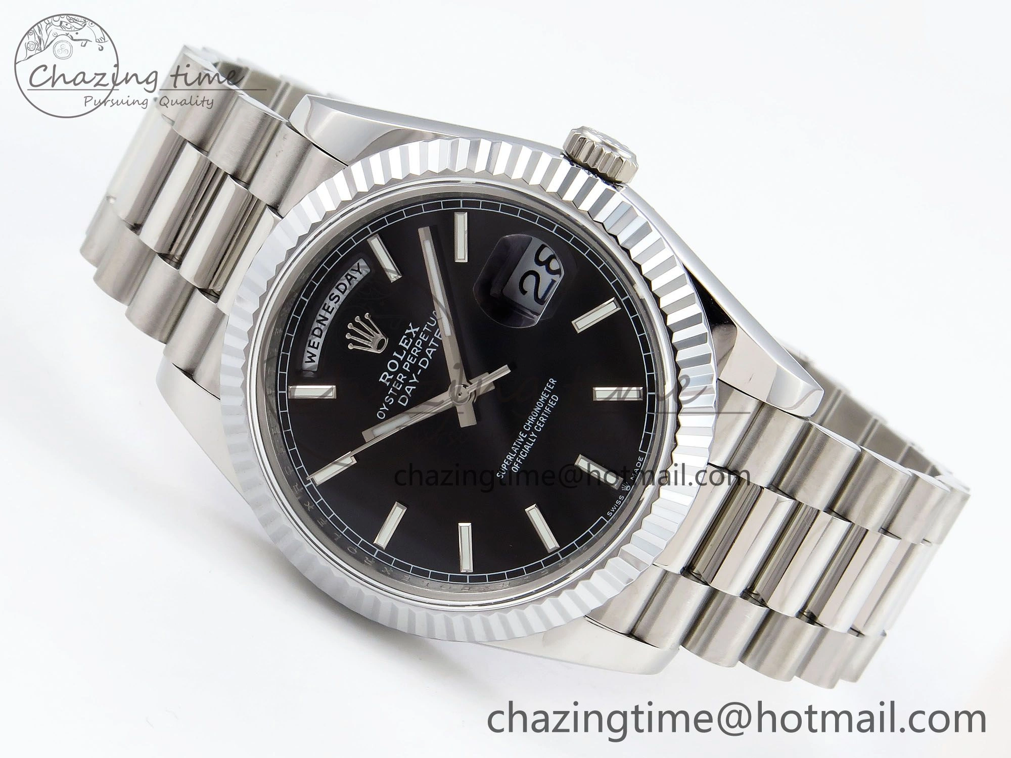 DayDate 40 SS JDF 904L Steel Black Stick Dial on President Bracelet VR3255 V3 (Gain Weight)